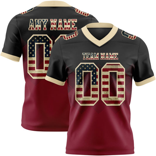Custom Black Vintage USA Flag Crimson-Cream Authentic Gradient Square Shape 7V7 Flag Football Jersey - Main View