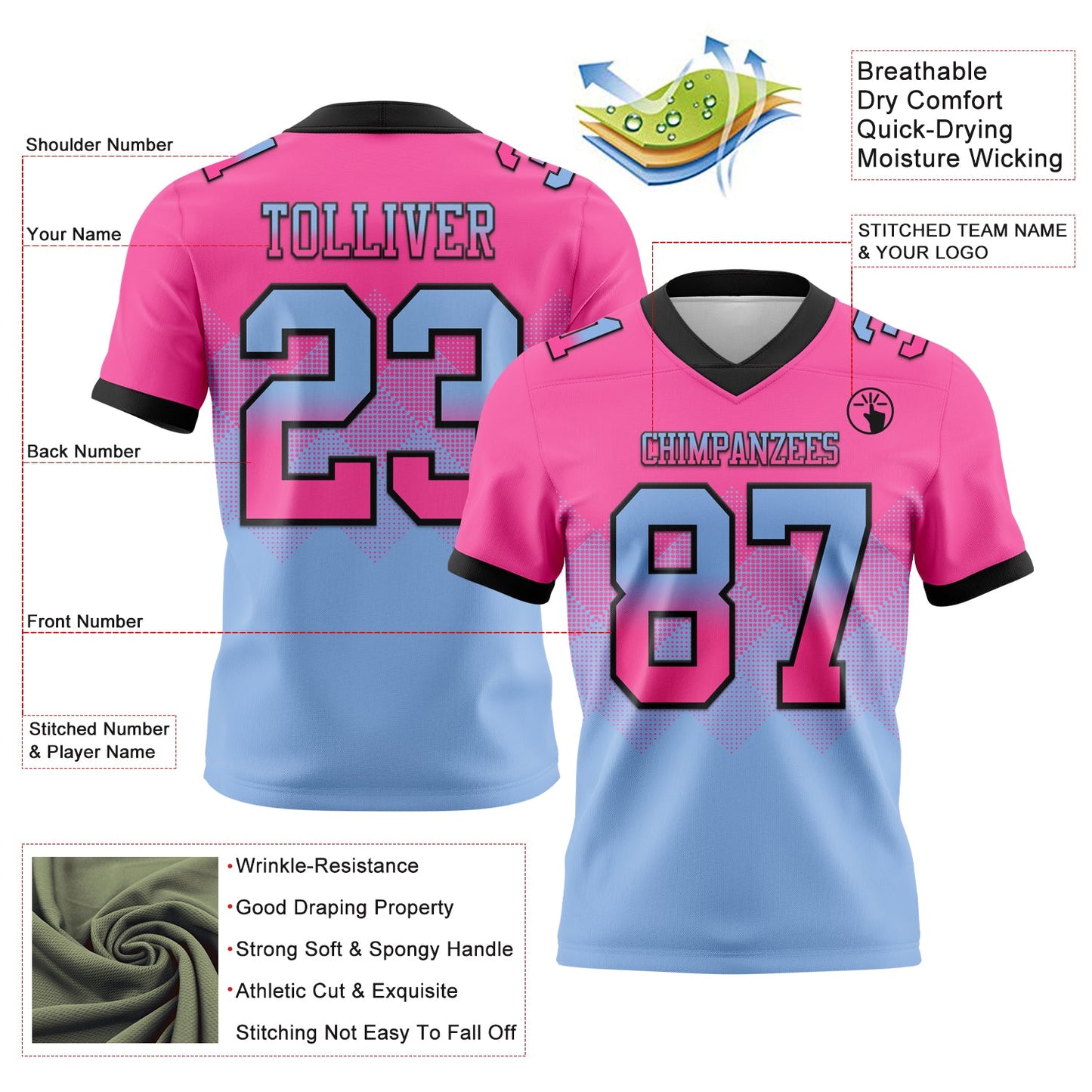 Custom Pink Light Blue-Black Authentic Gradient Square Shape 7V7 Flag Football Jersey view 2