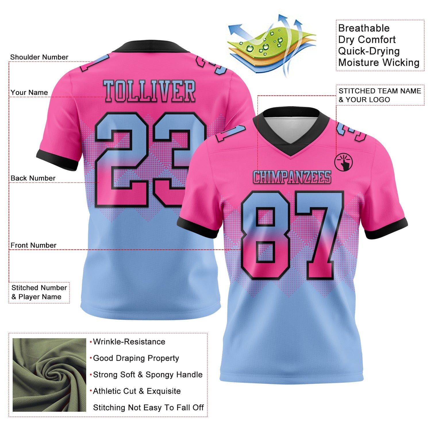 Custom Pink Light Blue-Black Authentic Gradient Square Shape 7V7 Flag Football Jersey view 2