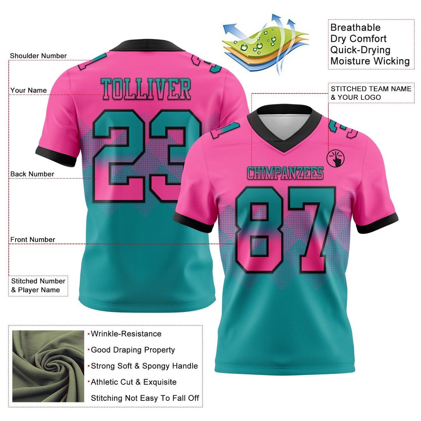 Custom Pink Teal-Black Authentic Gradient Square Shape 7V7 Flag Football Jersey view 2