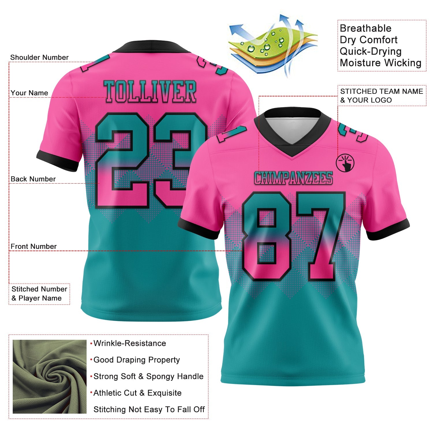 Custom Pink Teal-Black Authentic Gradient Square Shape 7V7 Flag Football Jersey view 2