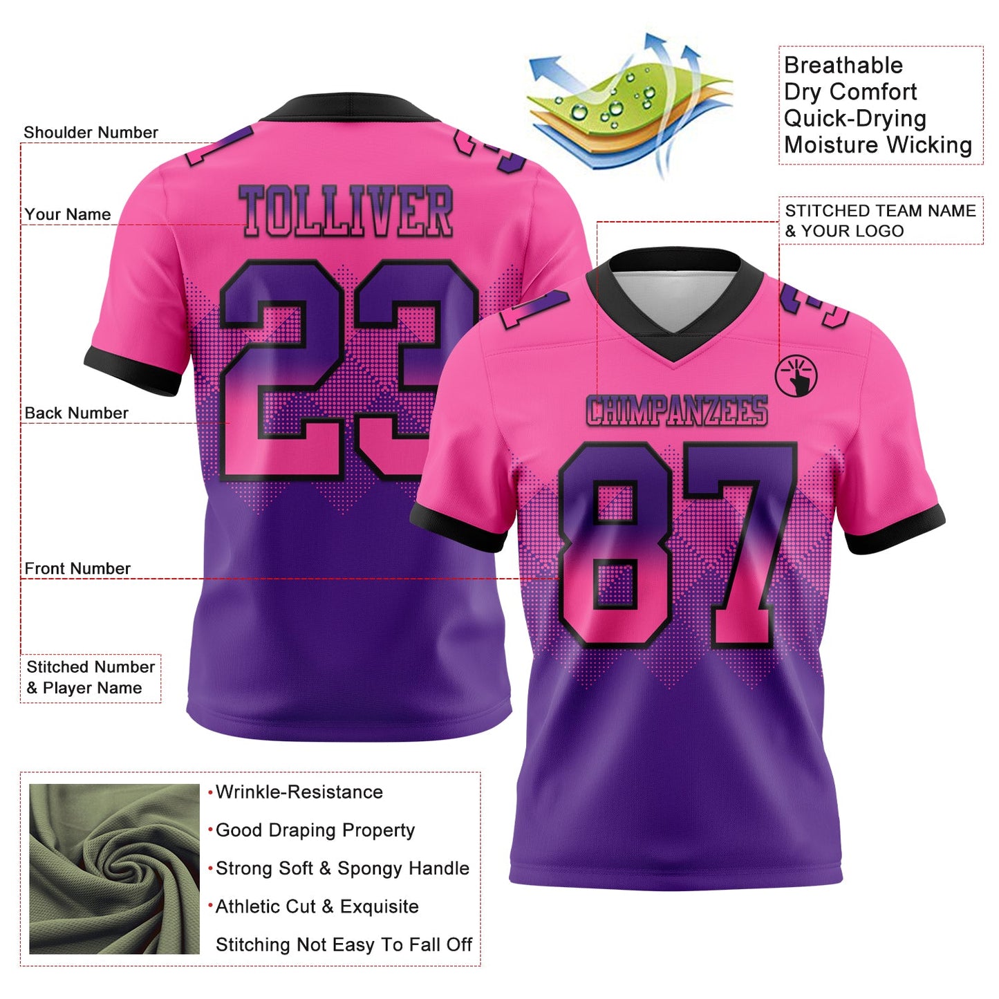 Custom Pink Purple-Black Authentic Gradient Square Shape 7V7 Flag Football Jersey view 2