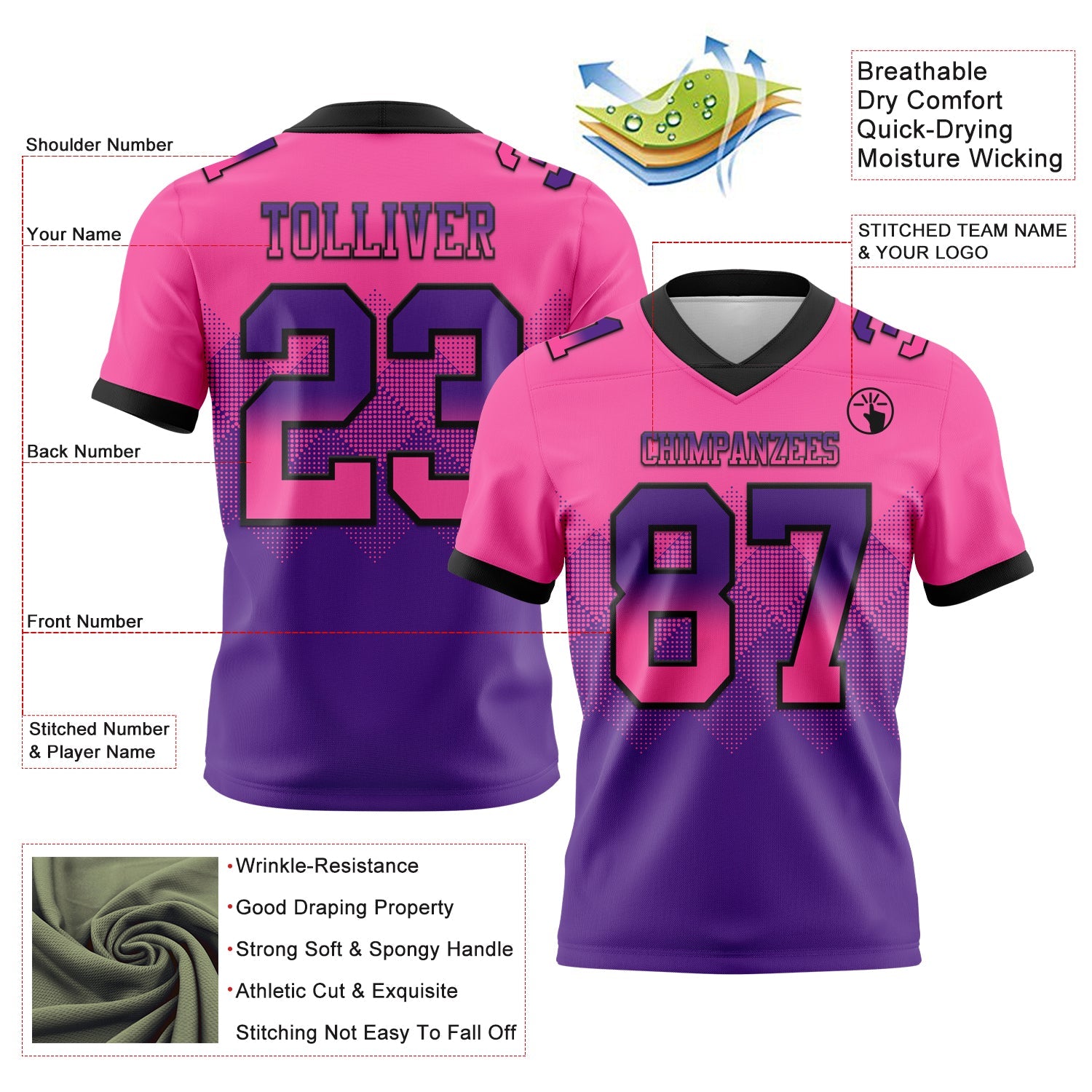 Custom Pink Purple-Black Authentic Gradient Square Shape 7V7 Flag Football Jersey view 2