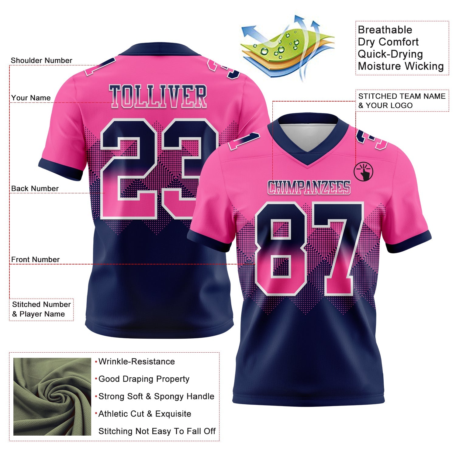 Custom Pink Navy-White Authentic Gradient Square Shape 7V7 Flag Football Jersey view 2