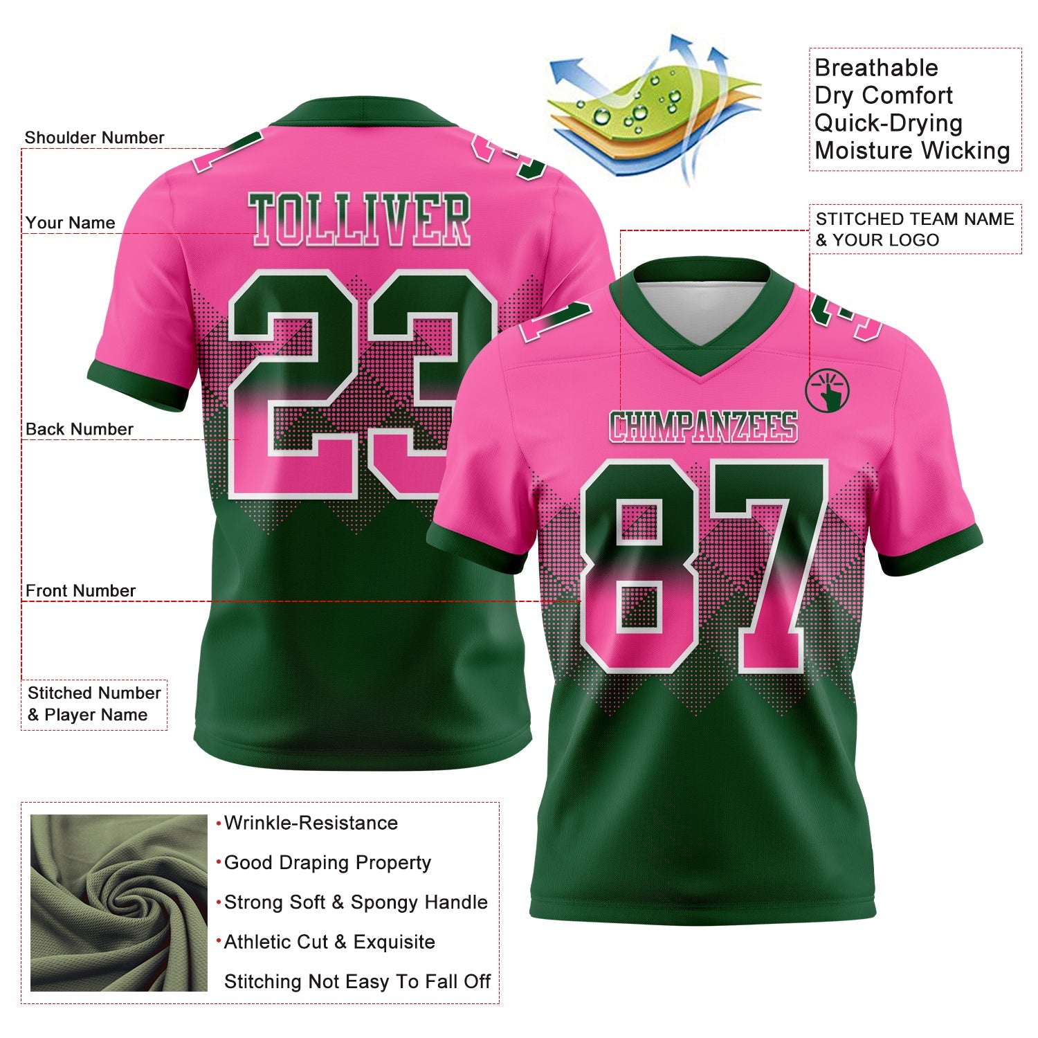 Custom Pink Green-White Authentic Gradient Square Shape 7V7 Flag Football Jersey view 2