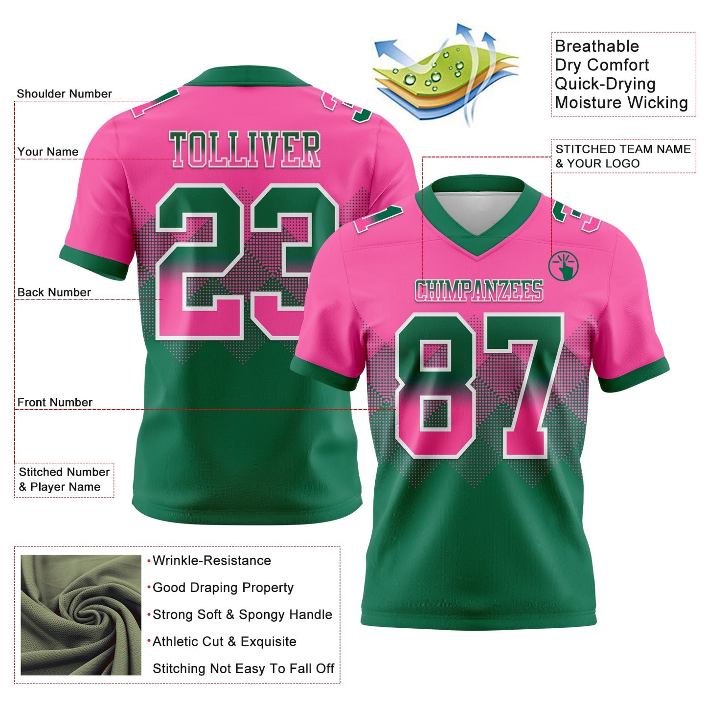 Custom Pink Kelly Green-White Authentic Gradient Square Shape 7V7 Flag Football Jersey view 2