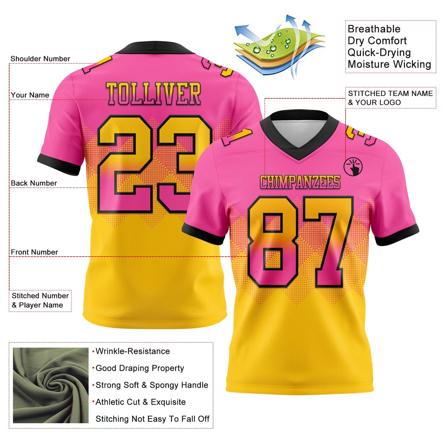 Custom Pink Yellow-Black Authentic Gradient Square Shape 7V7 Flag Football Jersey view 2