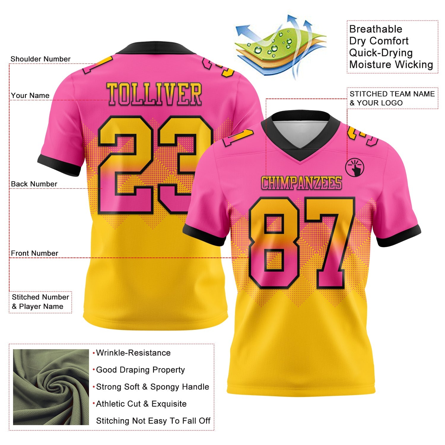 Custom Pink Yellow-Black Authentic Gradient Square Shape 7V7 Flag Football Jersey view 2