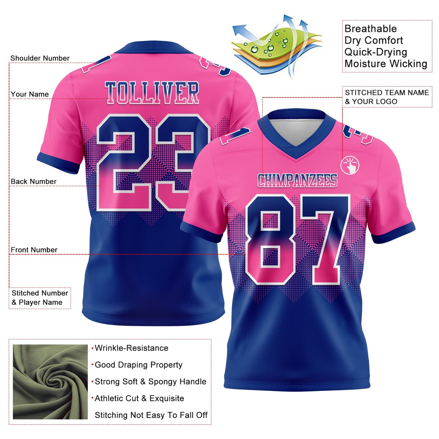 Custom Pink Royal-White Authentic Gradient Square Shape 7V7 Flag Football Jersey view 2