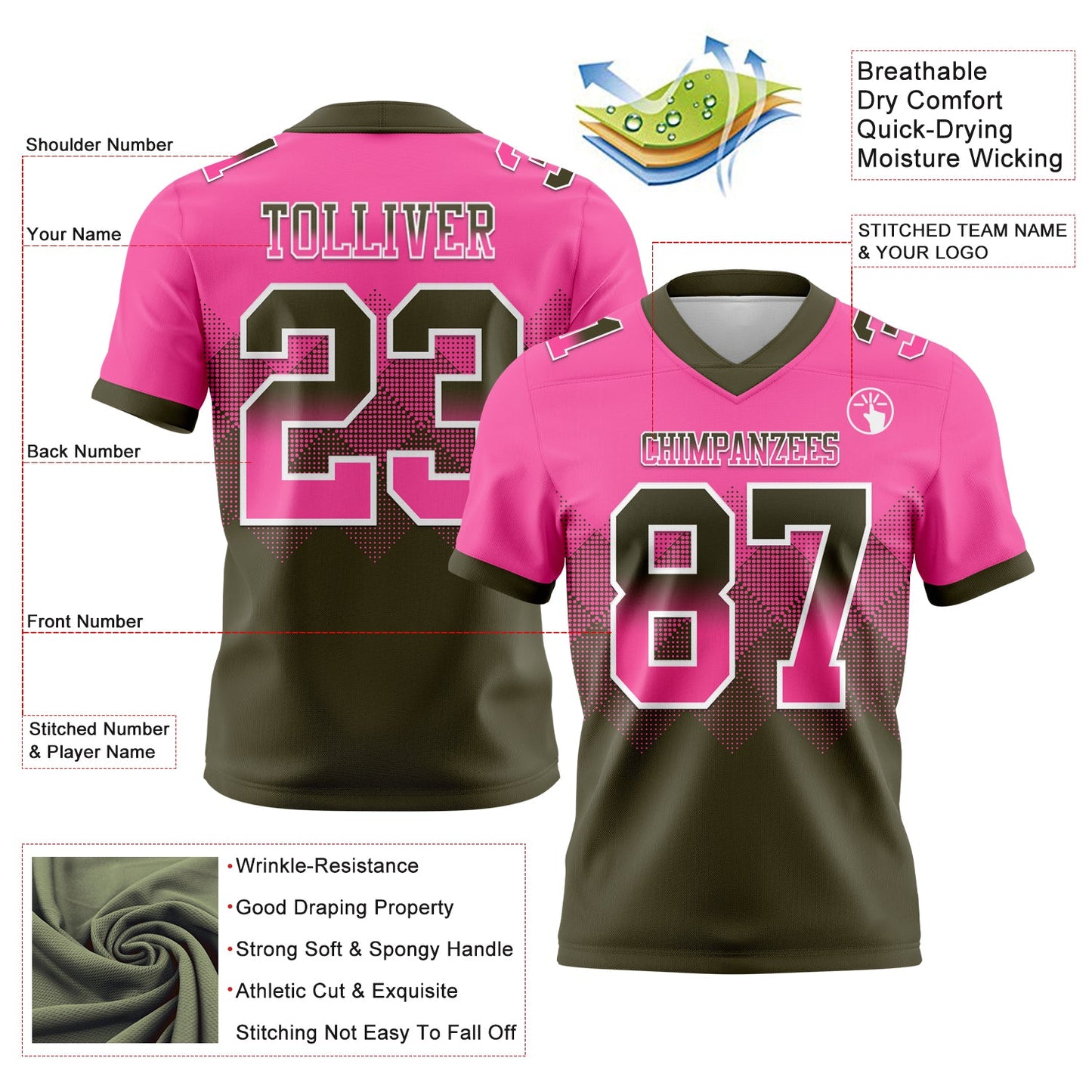 Custom Pink Olive-White Authentic Gradient Square Shape 7V7 Flag Football Jersey view 2