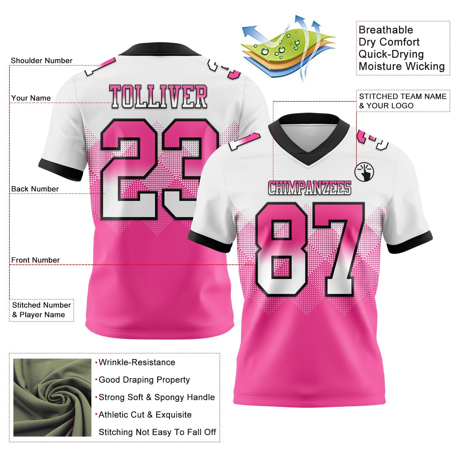 Custom White Pink-Black Authentic Gradient Square Shape 7V7 Flag Football Jersey view 2