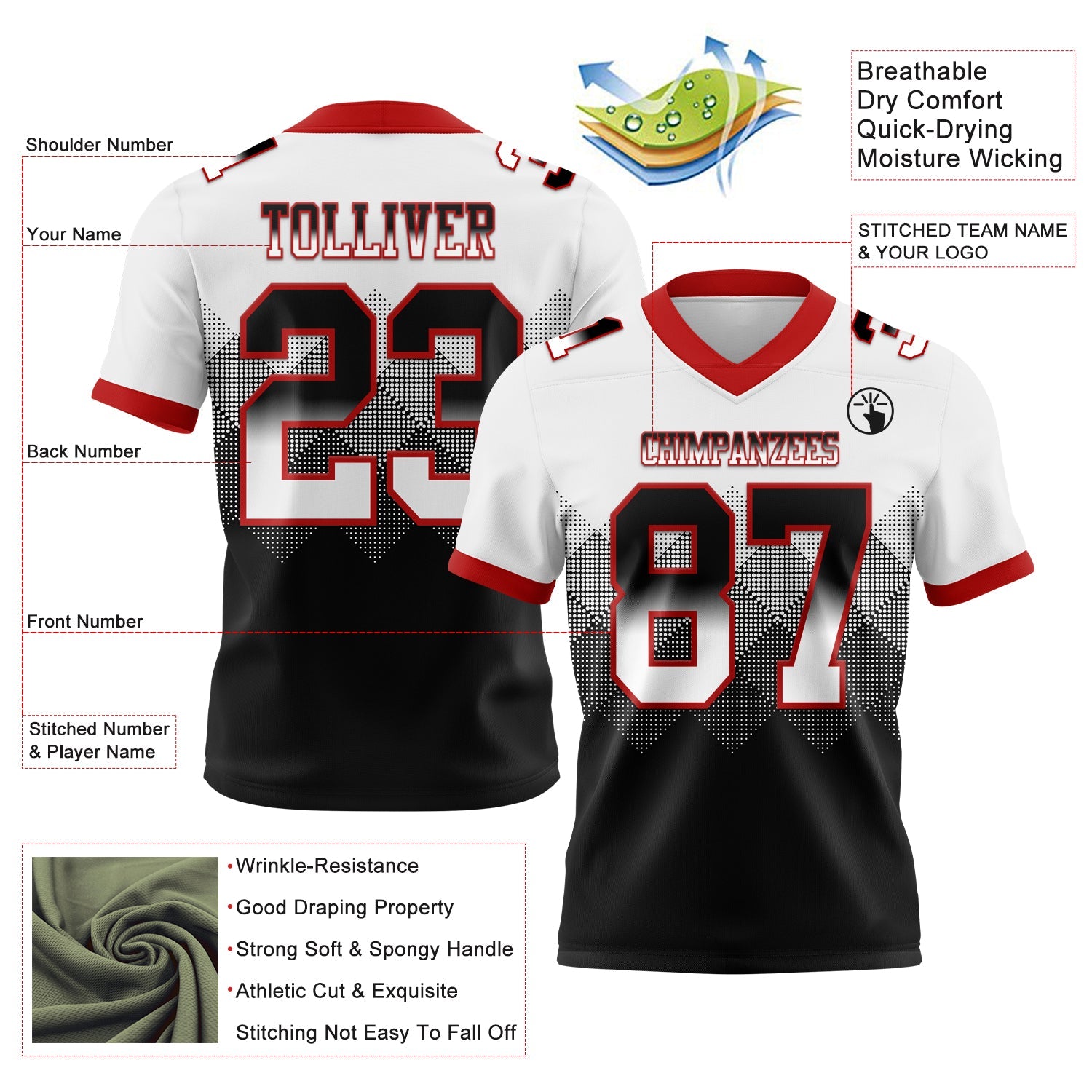 Custom White Black-Red Authentic Gradient Square Shape 7V7 Flag Football Jersey view 2