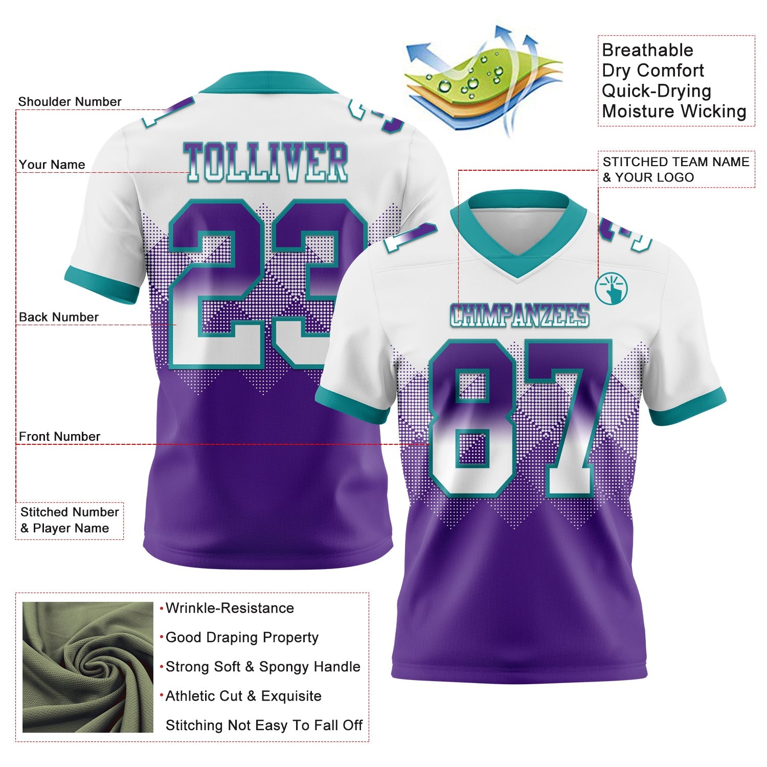 Custom White Purple-Teal Authentic Gradient Square Shape 7V7 Flag Football Jersey view 2