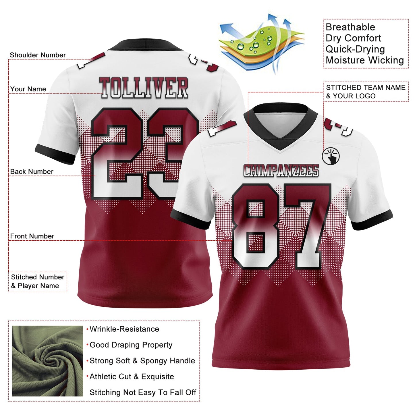 Custom White Crimson-Black Authentic Gradient Square Shape 7V7 Flag Football Jersey view 2