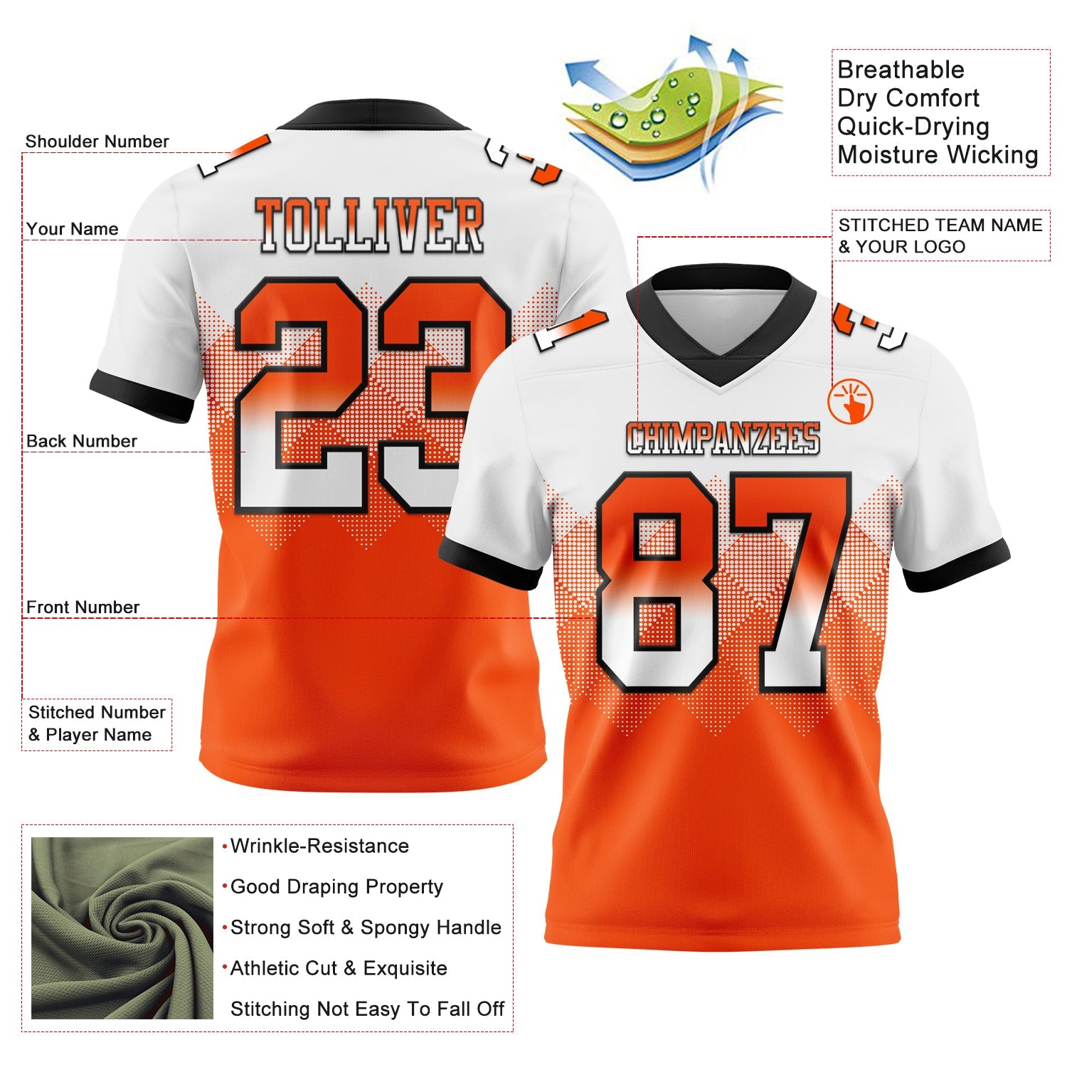 Custom White Orange-Black Authentic Gradient Square Shape 7V7 Flag Football Jersey view 2