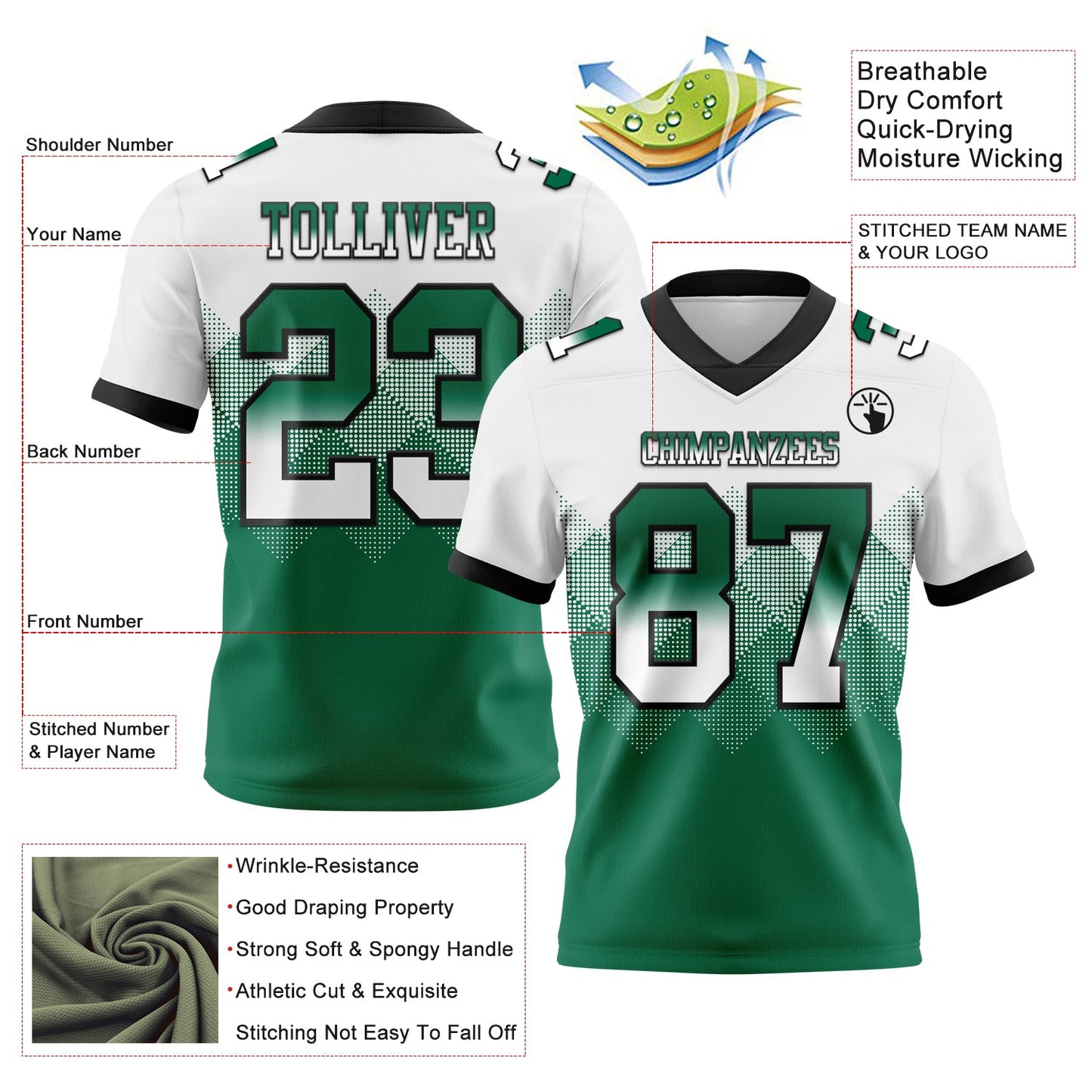 Custom White Kelly Green-Black Authentic Gradient Square Shape 7V7 Flag Football Jersey view 2