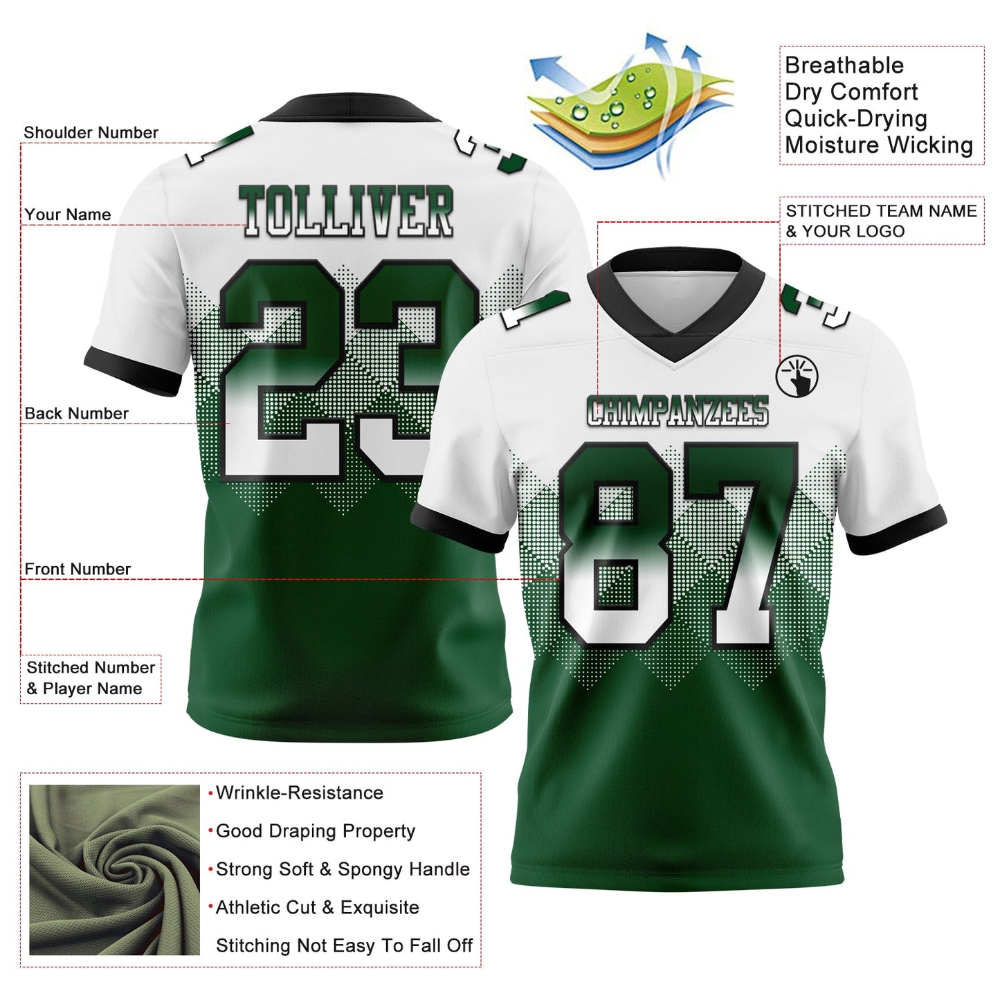 Custom White Green-Black Authentic Gradient Square Shape 7V7 Flag Football Jersey view 2