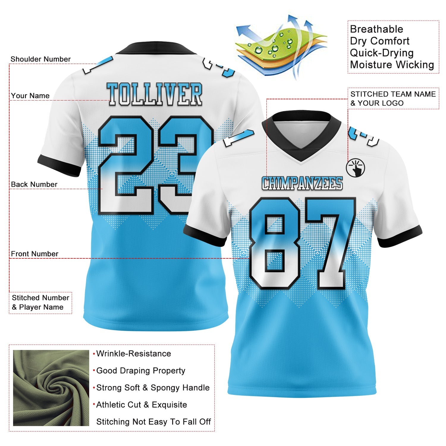 Custom White Sky Blue-Black Authentic Gradient Square Shape 7V7 Flag Football Jersey view 2