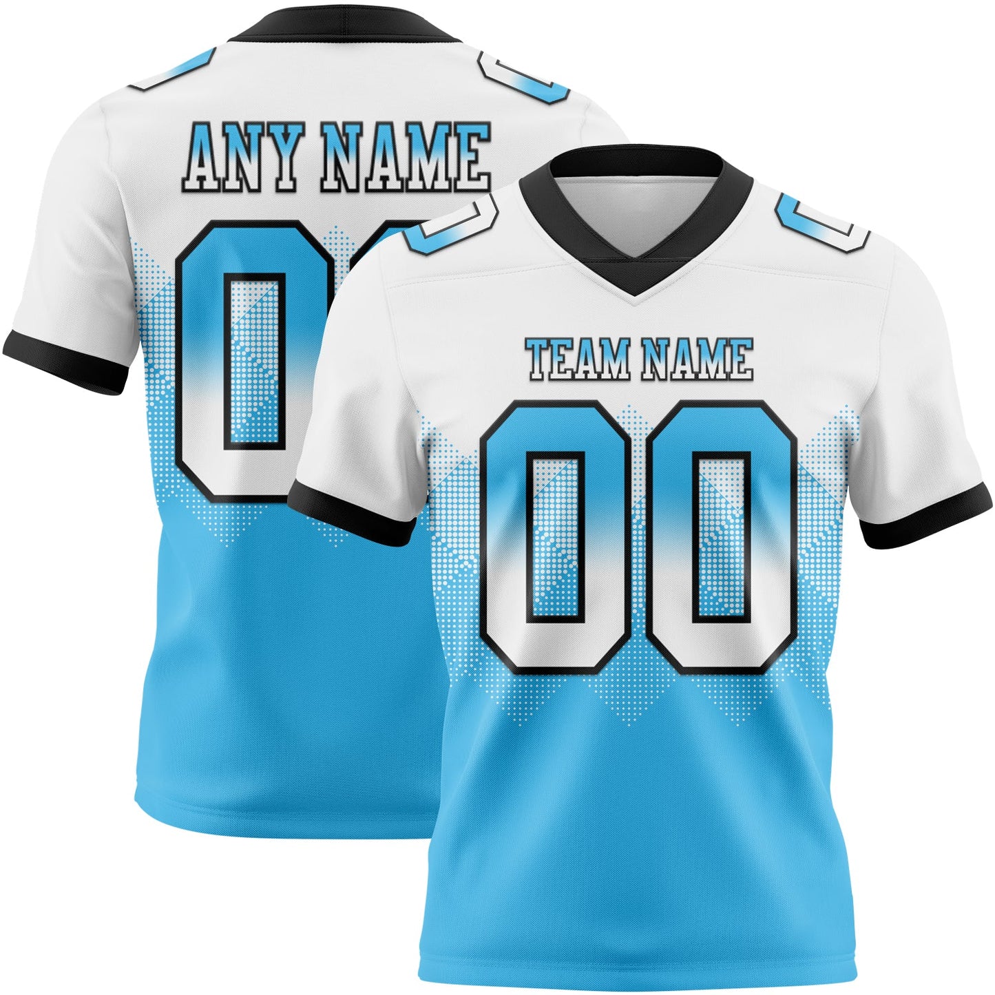 Custom White Sky Blue-Black Authentic Gradient Square Shape 7V7 Flag Football Jersey - Main View
