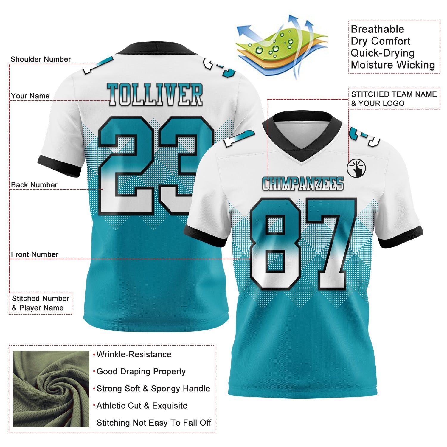 Custom White Teal-Black Authentic Gradient Square Shape 7V7 Flag Football Jersey view 2