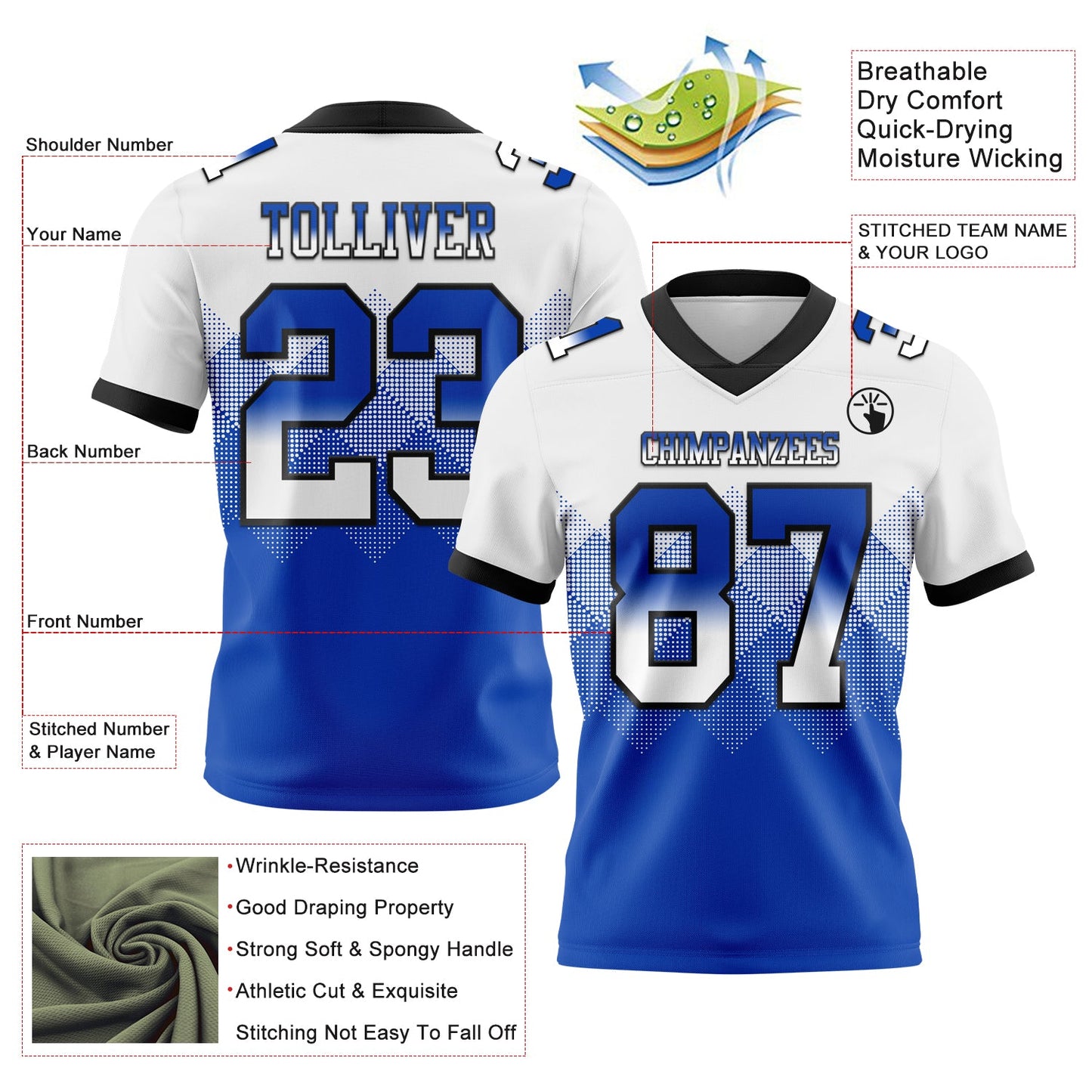 Custom White Thunder Blue-Black Authentic Gradient Square Shape 7V7 Flag Football Jersey view 2