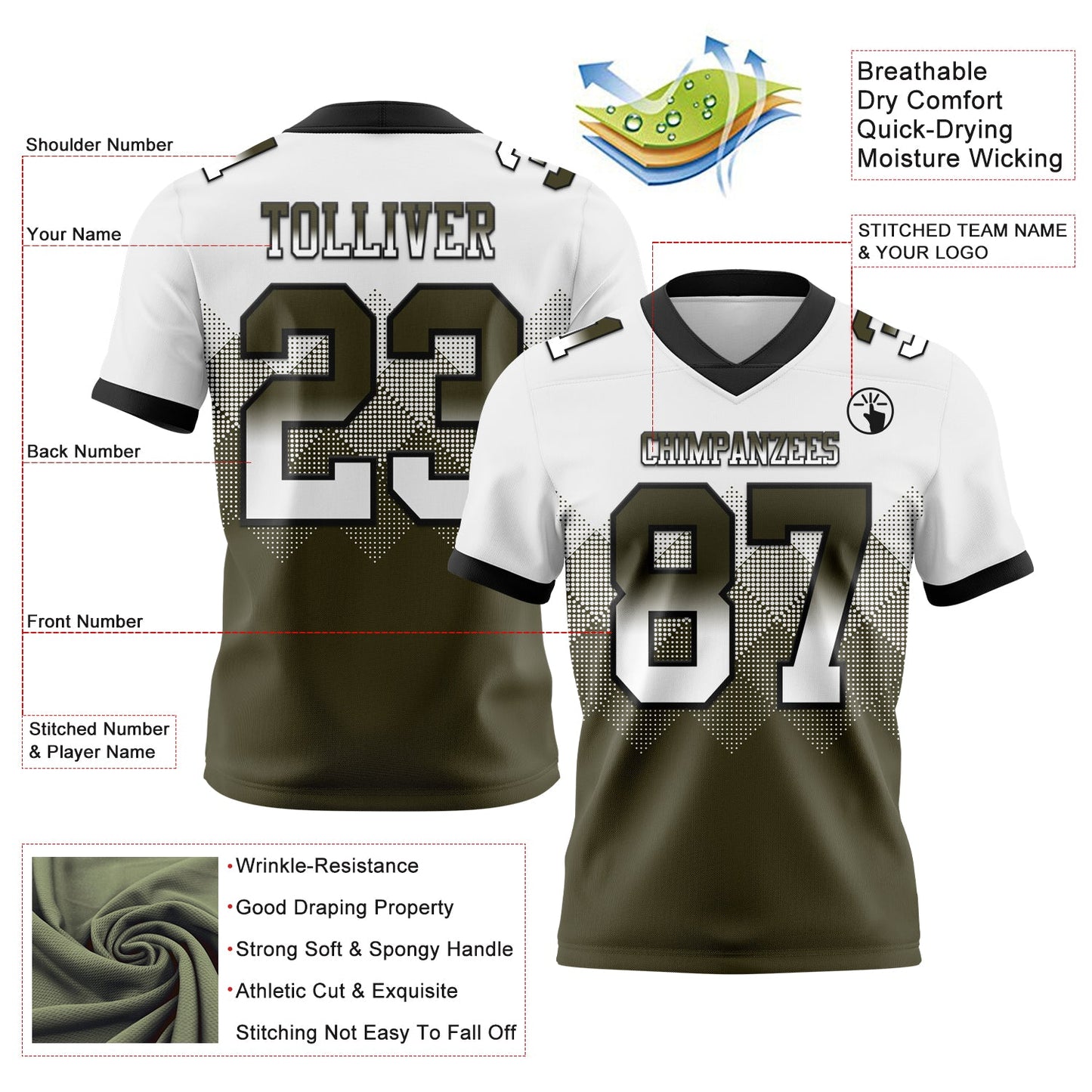 Custom White Olive-Black Authentic Gradient Square Shape 7V7 Flag Football Jersey view 2