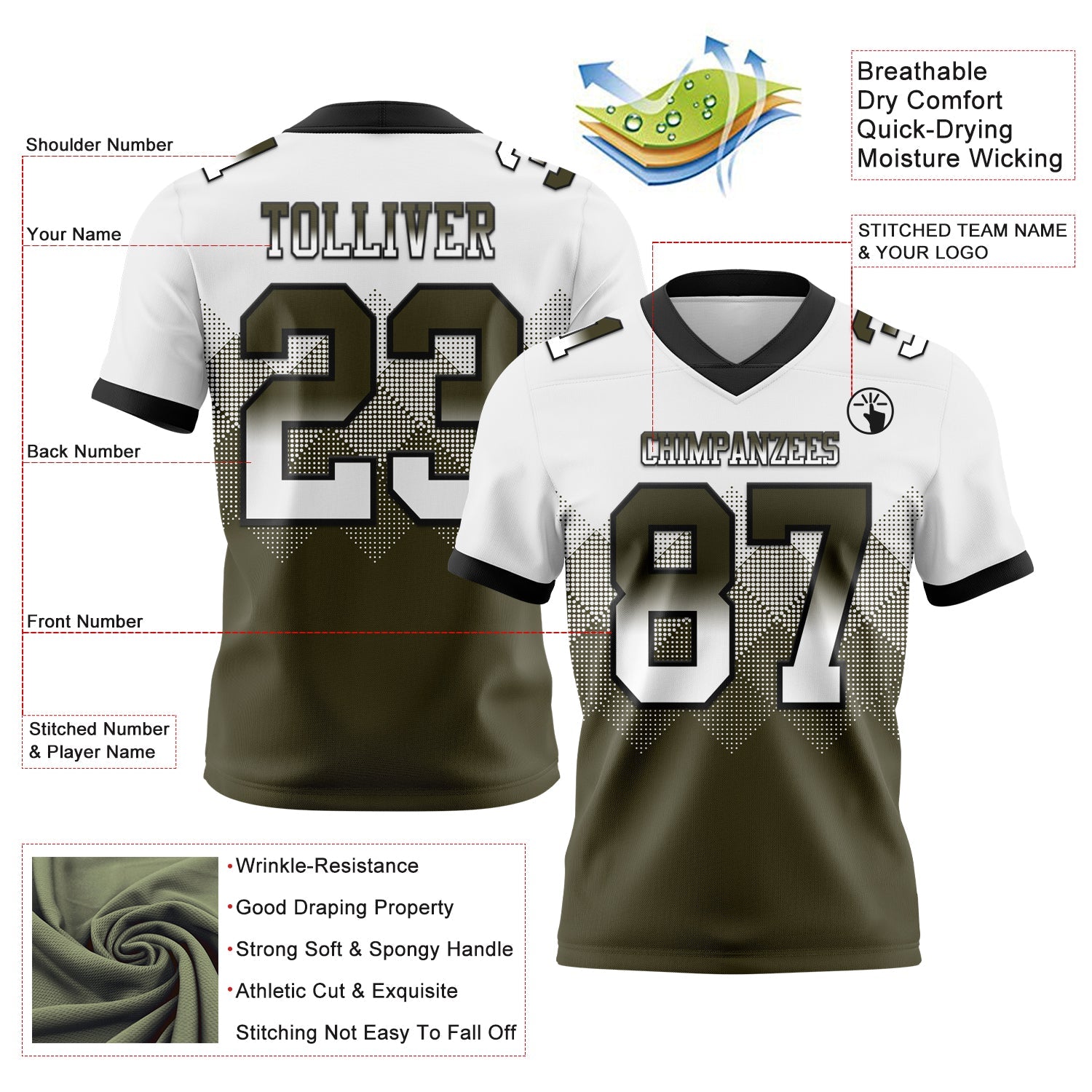 Custom White Olive-Black Authentic Gradient Square Shape 7V7 Flag Football Jersey view 2