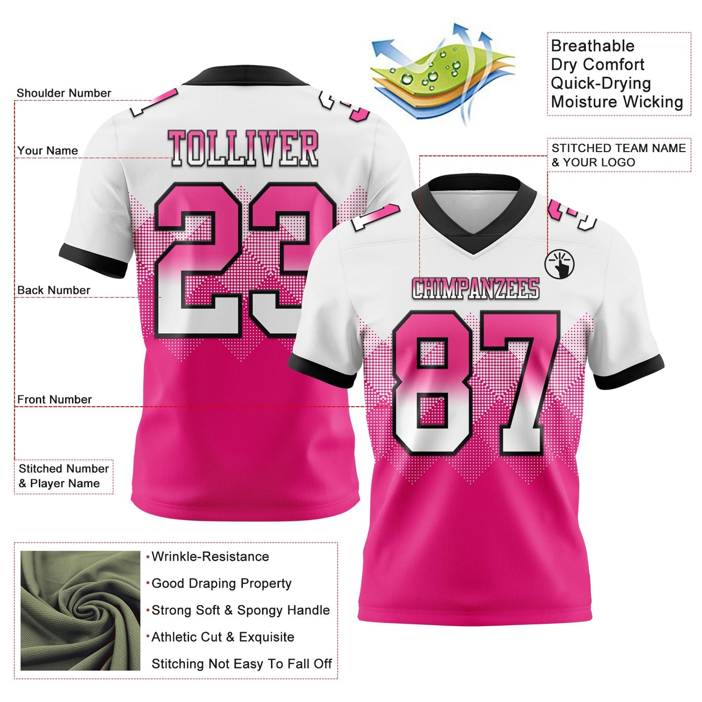 Custom White Hot Pink-Black Authentic Gradient Square Shape 7V7 Flag Football Jersey view 2