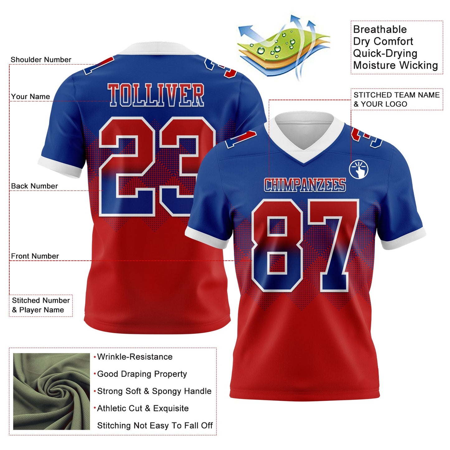 Custom Royal Red-White Authentic Gradient Square Shape 7V7 Flag Football Jersey view 2