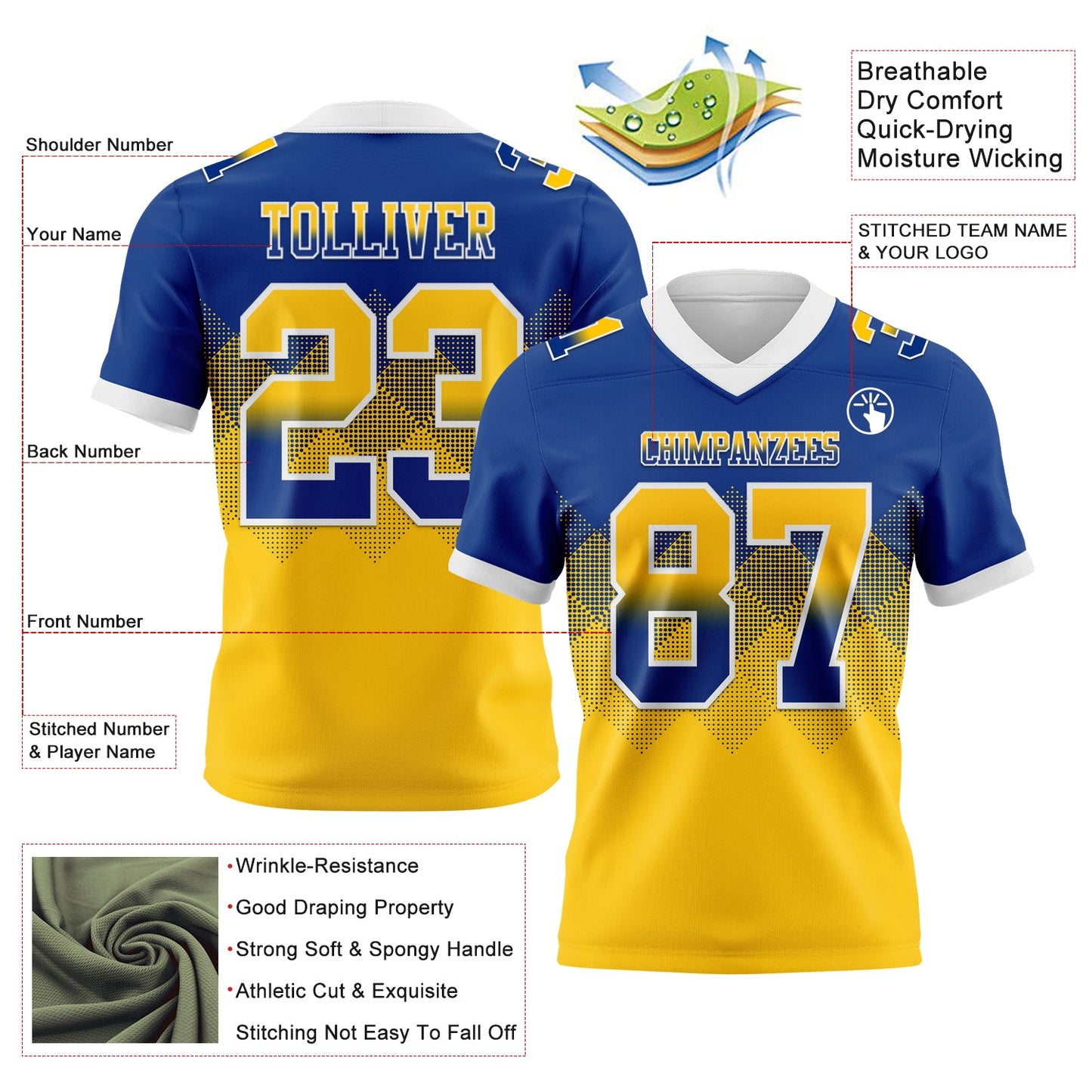 Custom Royal Yellow-White Authentic Gradient Square Shape 7V7 Flag Football Jersey view 2