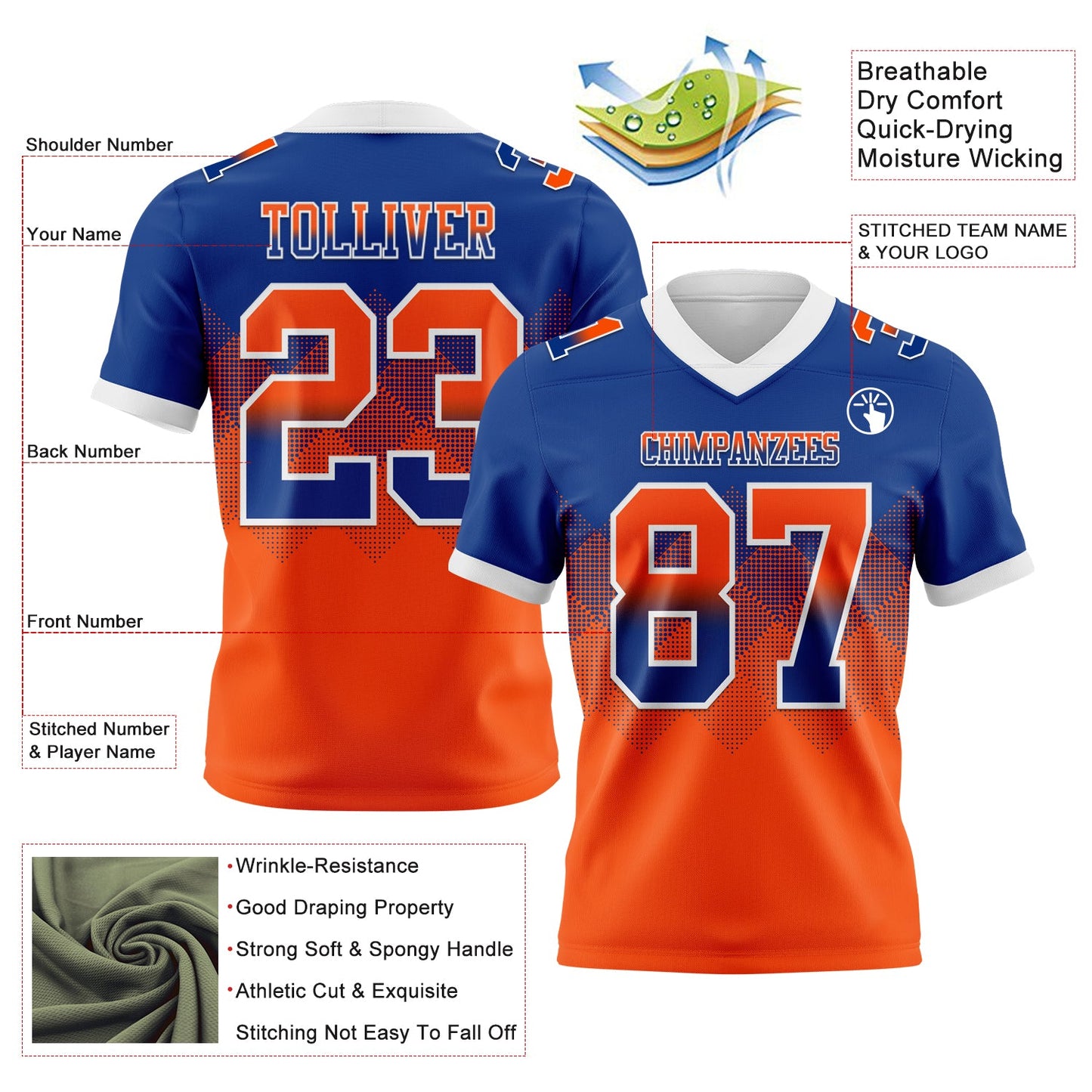 Custom Royal Orange-White Authentic Gradient Square Shape 7V7 Flag Football Jersey view 2
