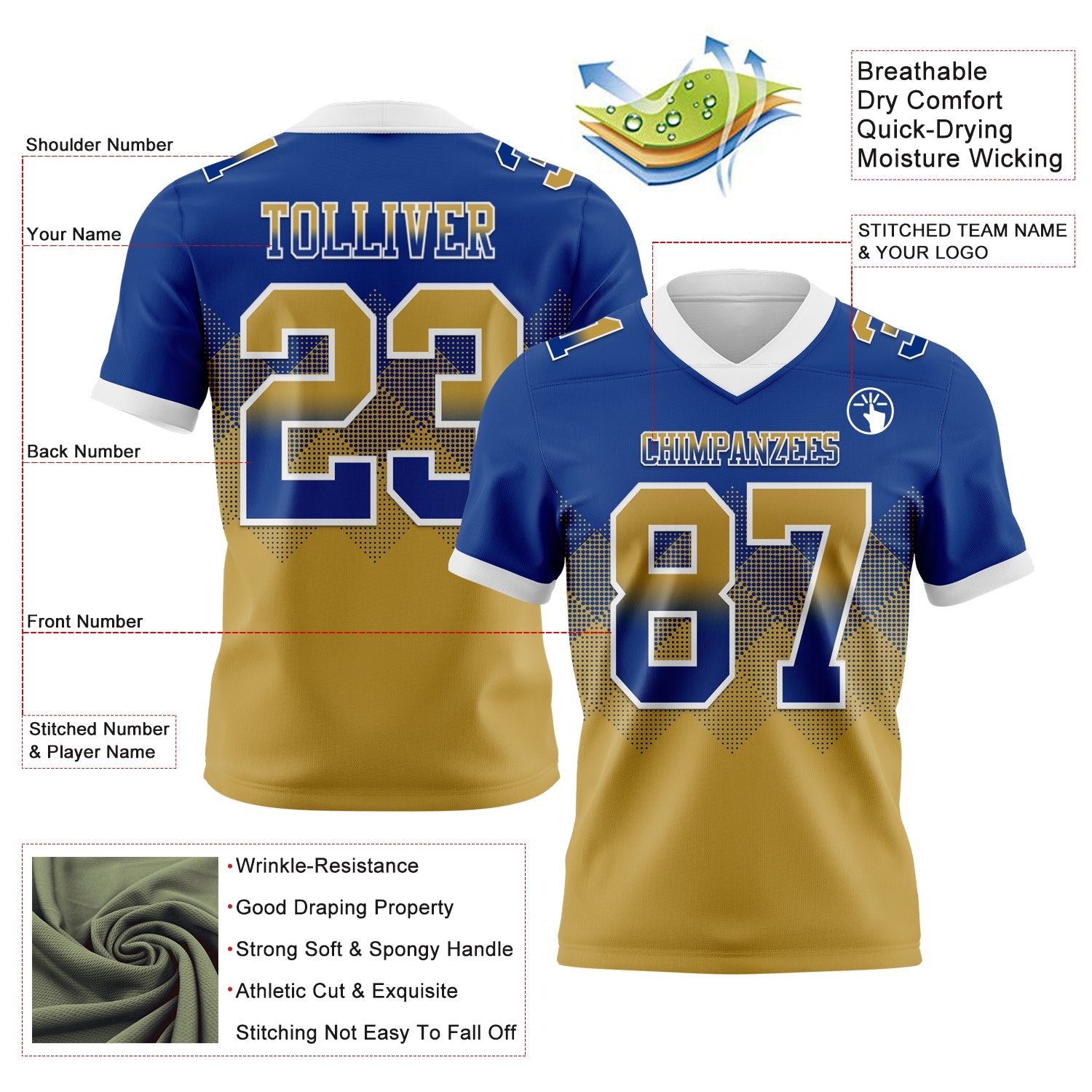 Custom Royal Old Gold-White Authentic Gradient Square Shape 7V7 Flag Football Jersey view 2