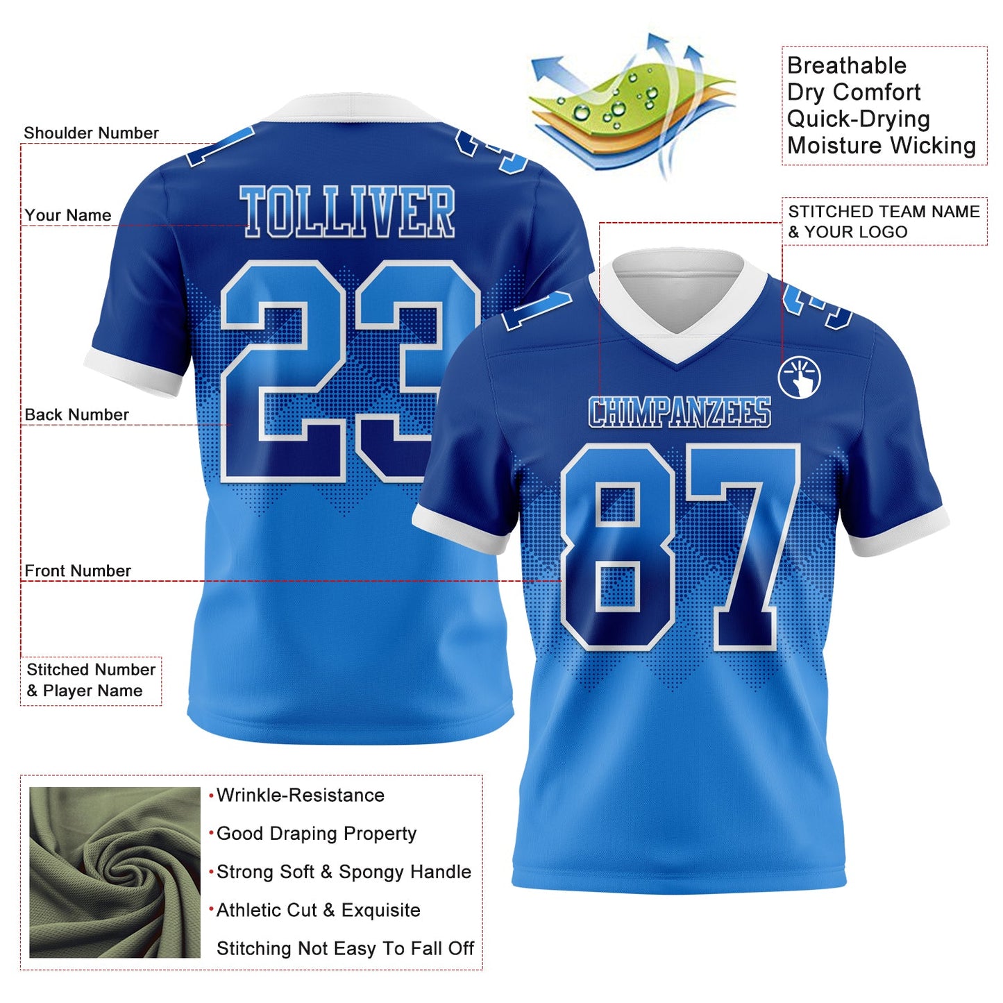 Custom Royal Powder Blue-White Authentic Gradient Square Shape 7V7 Flag Football Jersey view 2