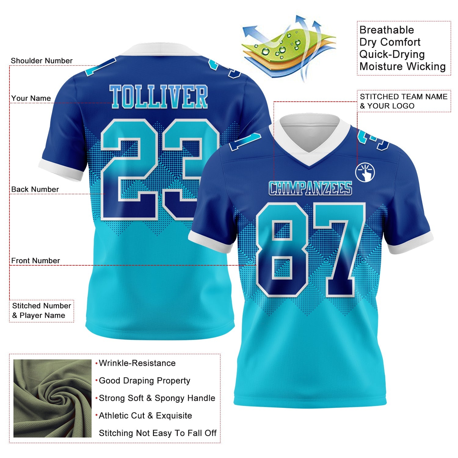 Custom Royal Lakes Blue-White Authentic Gradient Square Shape 7V7 Flag Football Jersey view 2