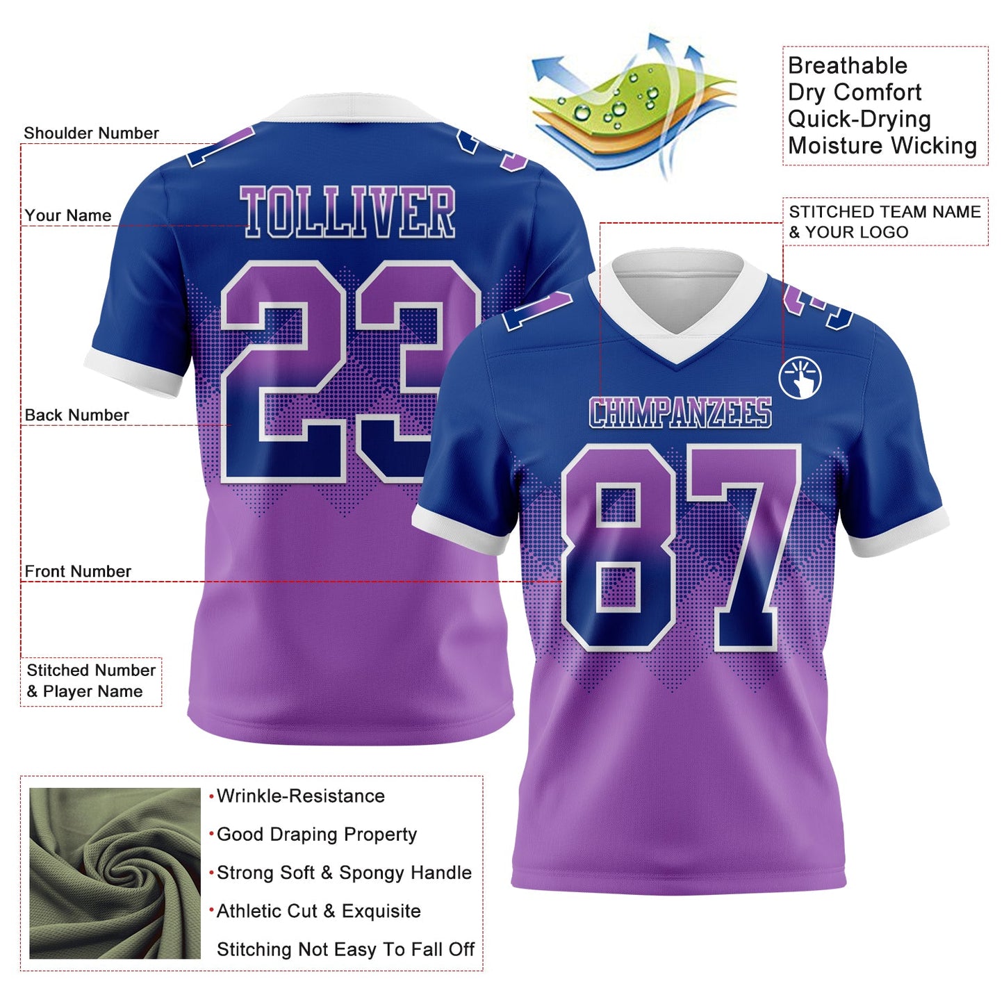 Custom Royal Medium Purple-White Authentic Gradient Square Shape 7V7 Flag Football Jersey view 2