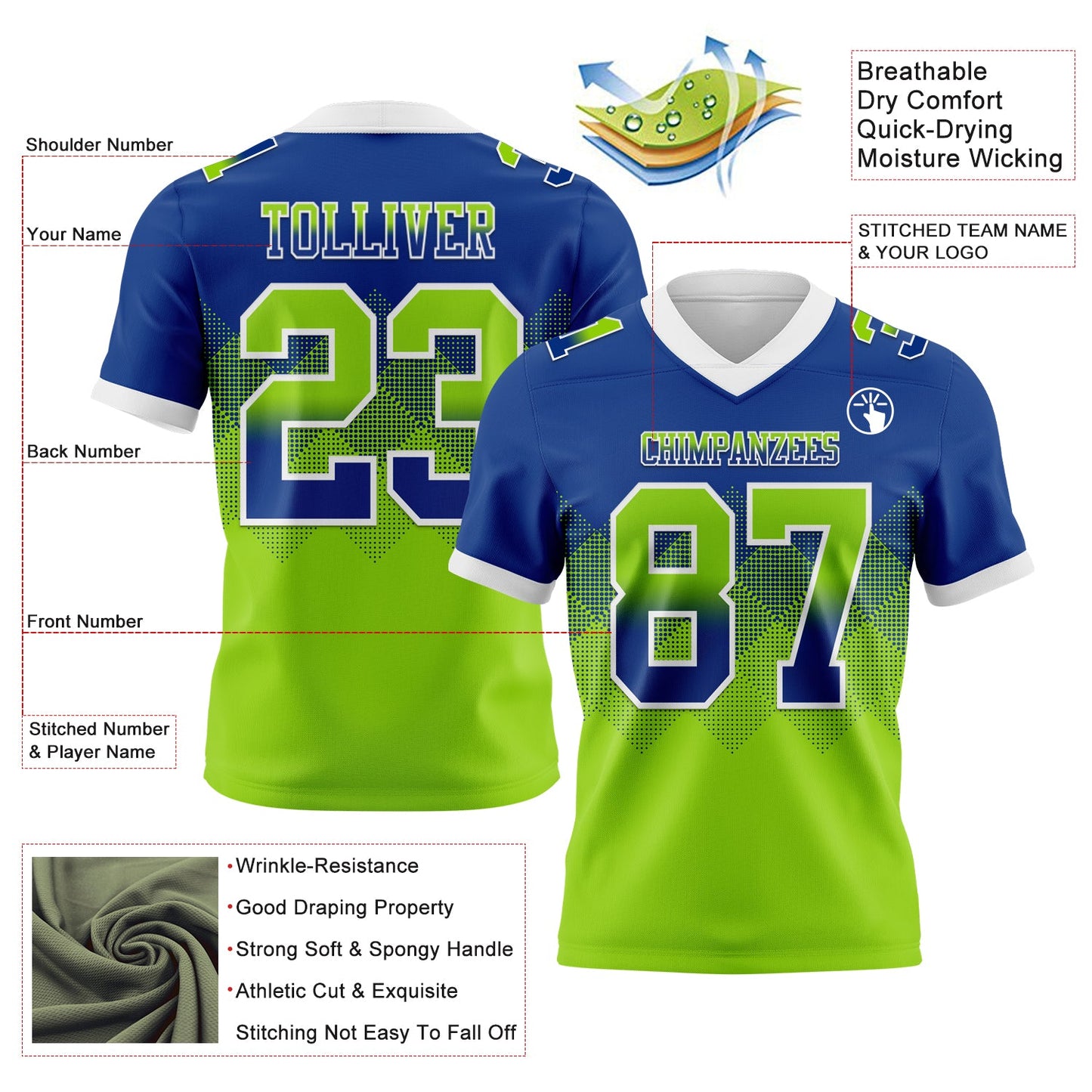 Custom Royal Neon Green-White Authentic Gradient Square Shape  7V7 Flag Football Jersey view 2