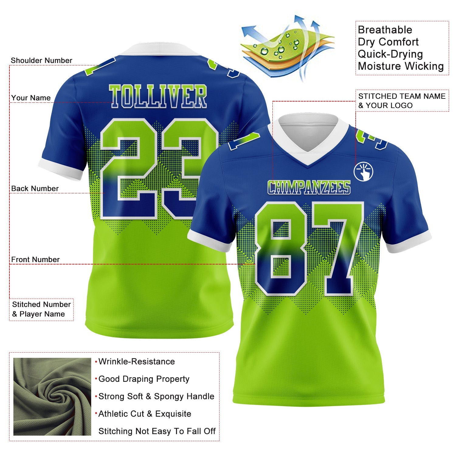 Custom Royal Neon Green-White Authentic Gradient Square Shape  7V7 Flag Football Jersey view 2