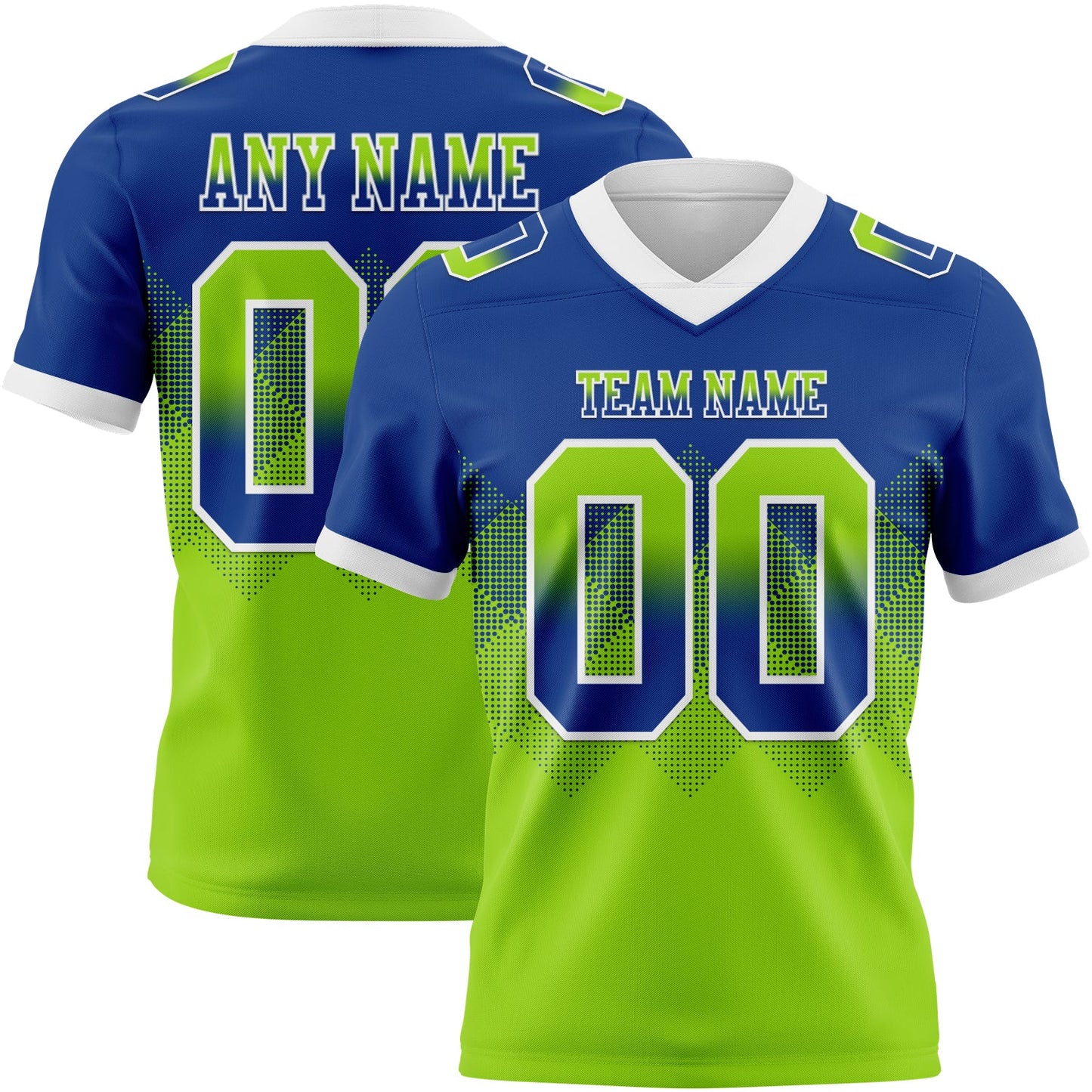 Custom Royal Neon Green-White Authentic Gradient Square Shape  7V7 Flag Football Jersey - Main View