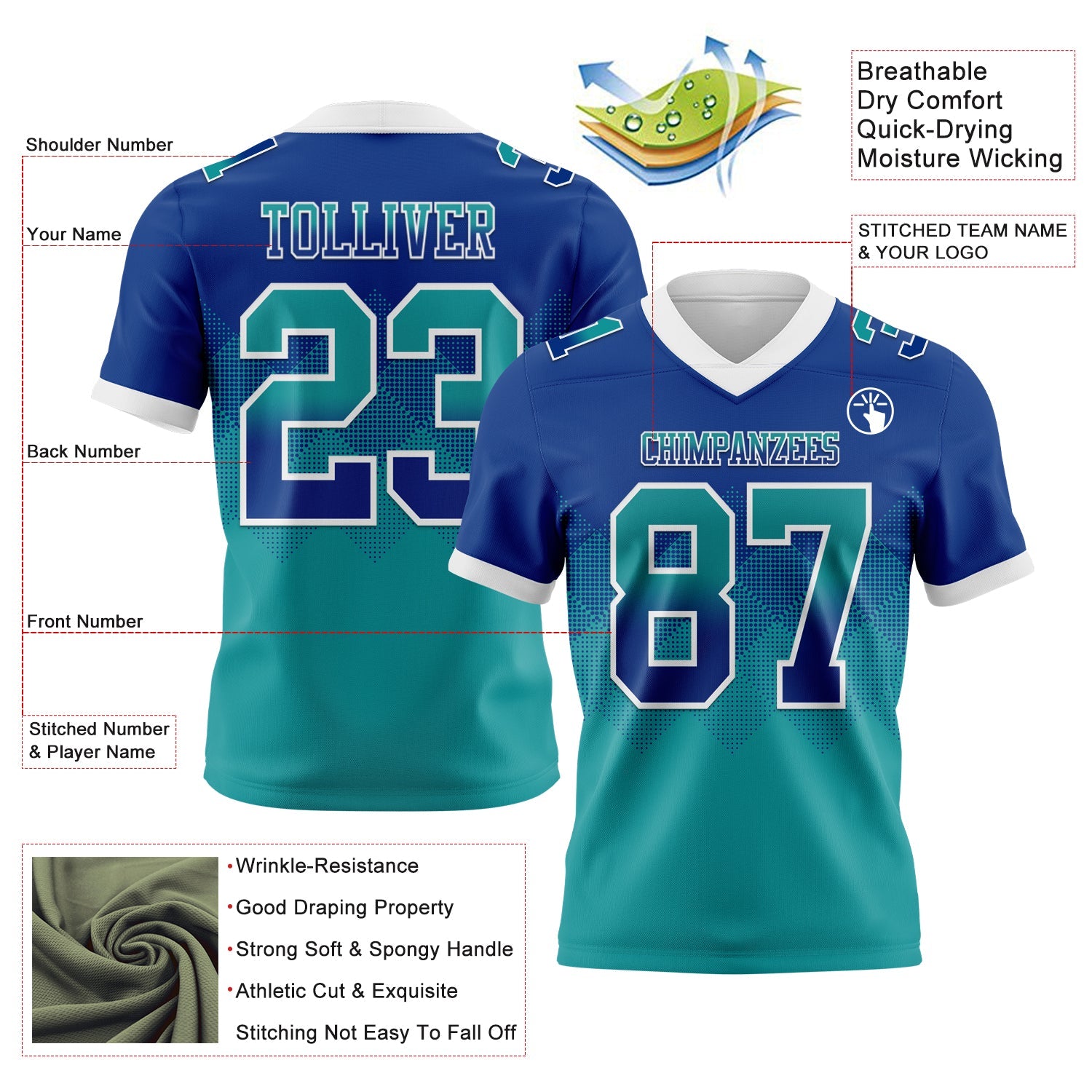 Custom Royal Teal-White Authentic Gradient Square Shape 7V7 Flag Football Jersey view 2