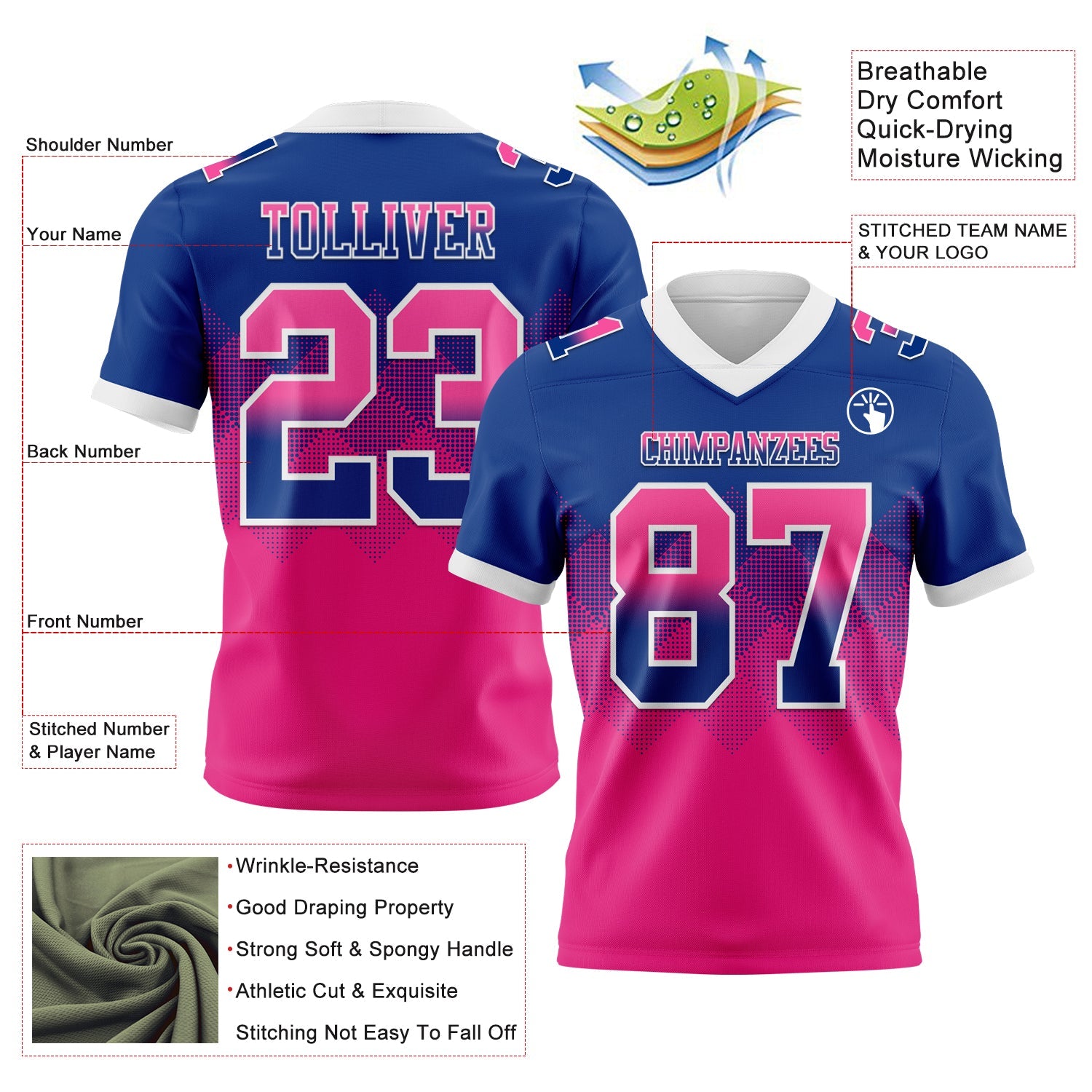Custom Royal Hot Pink-White Authentic Gradient Square Shape 7V7 Flag Football Jersey view 2