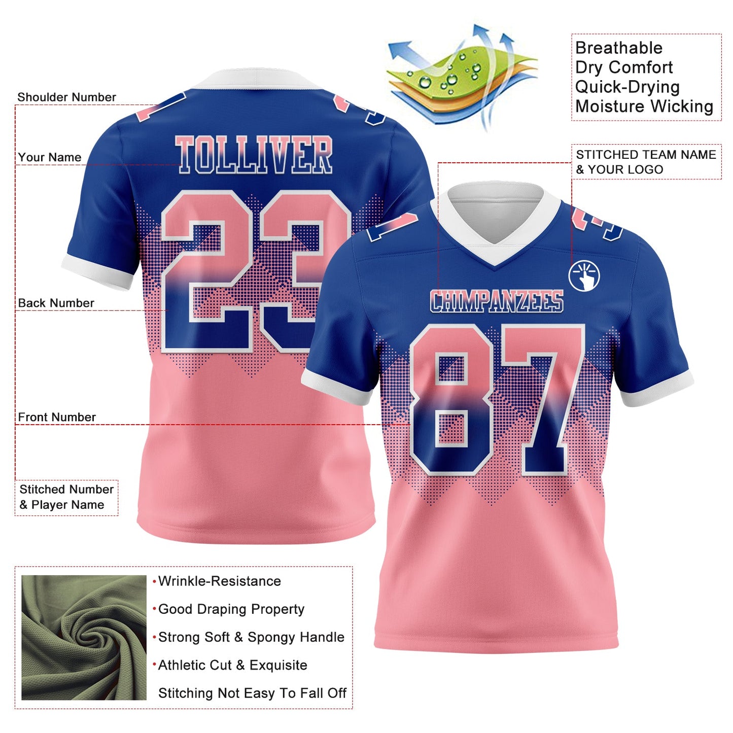 Custom Royal Medium Pink-White Authentic Gradient Square Shape 7V7 Flag Football Jersey view 2