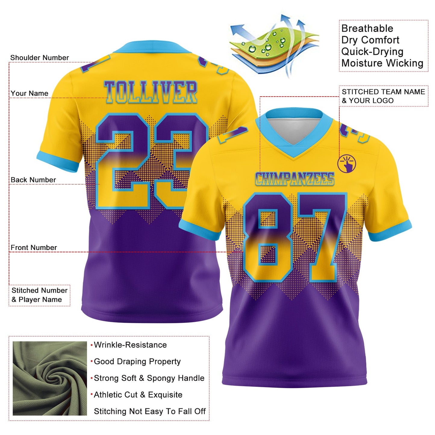 Custom Yellow Purple-Sky Blue Authentic Gradient Square Shape 7V7 Flag Football Jersey view 2