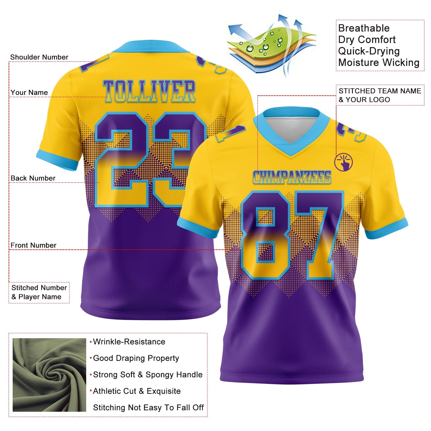 Custom Yellow Purple-Sky Blue Authentic Gradient Square Shape 7V7 Flag Football Jersey view 2