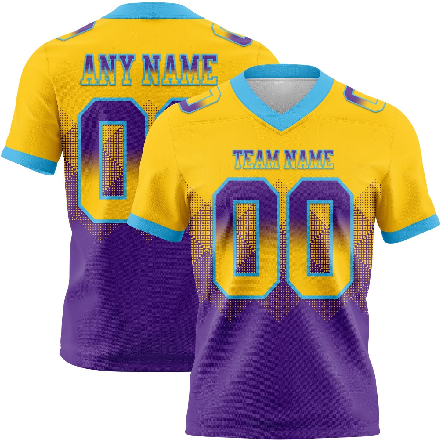 Custom Yellow Purple-Sky Blue Authentic Gradient Square Shape 7V7 Flag Football Jersey - Main View