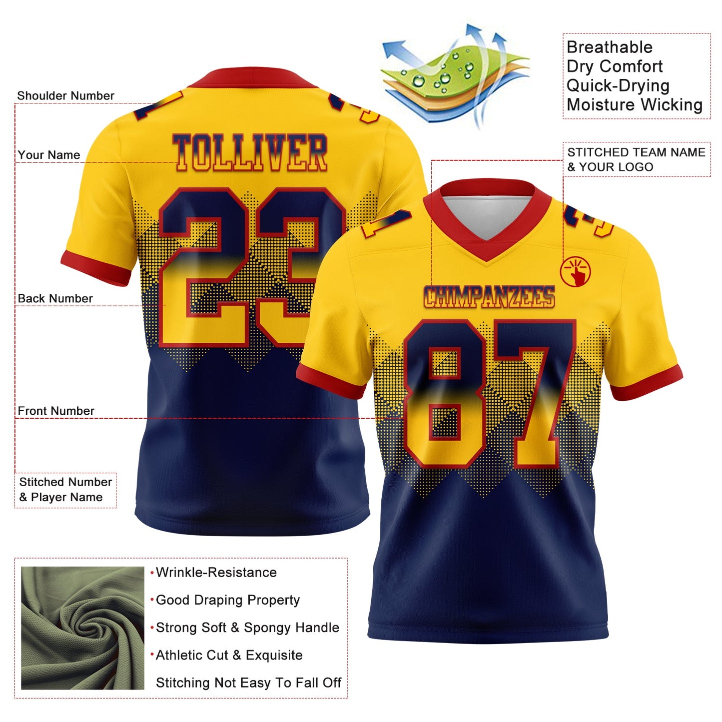 Custom Yellow Navy-Red Authentic Gradient Square Shape 7V7 Flag Football Jersey view 2