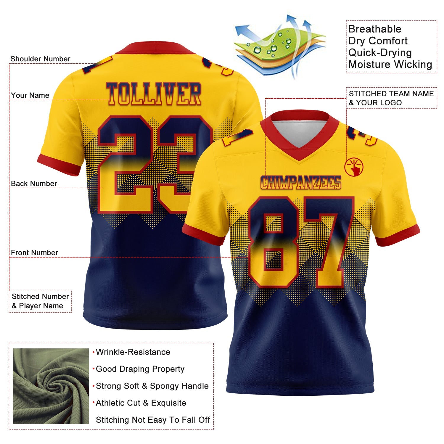 Custom Yellow Navy-Red Authentic Gradient Square Shape 7V7 Flag Football Jersey view 2