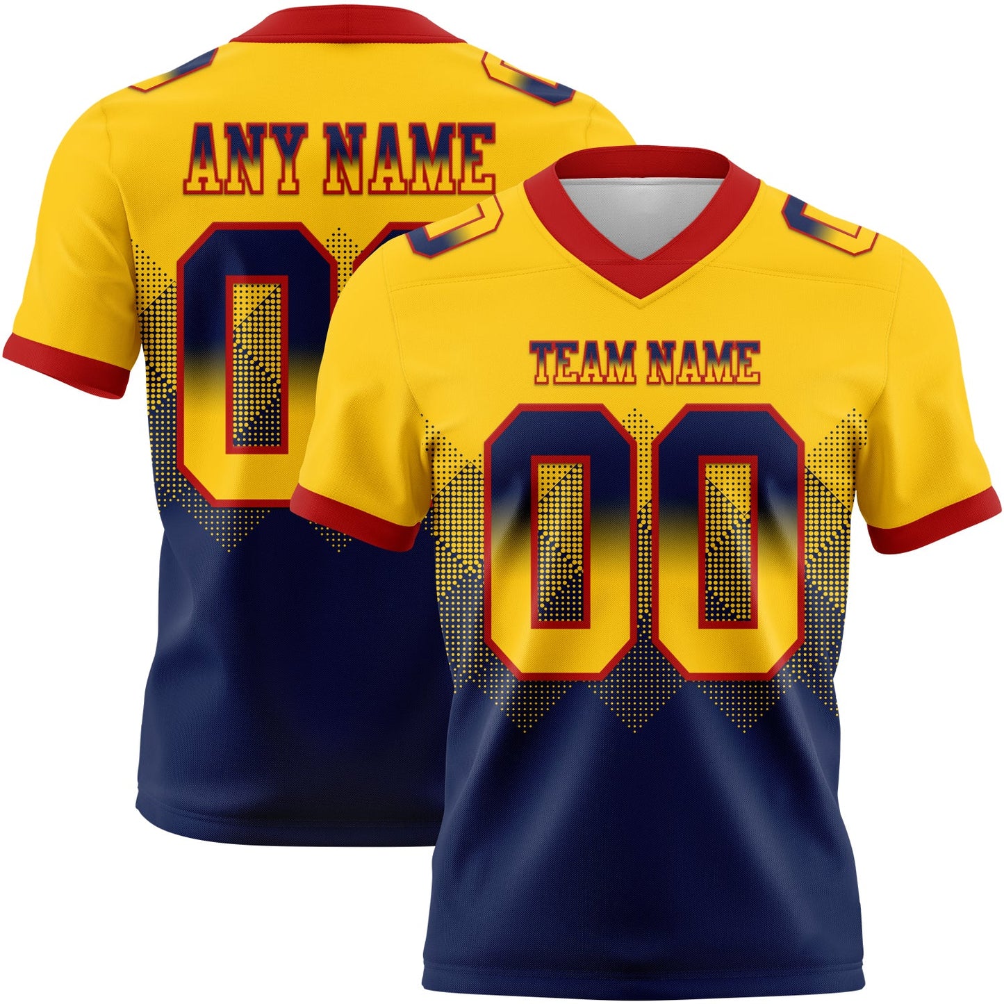Custom Yellow Navy-Red Authentic Gradient Square Shape 7V7 Flag Football Jersey - Main View
