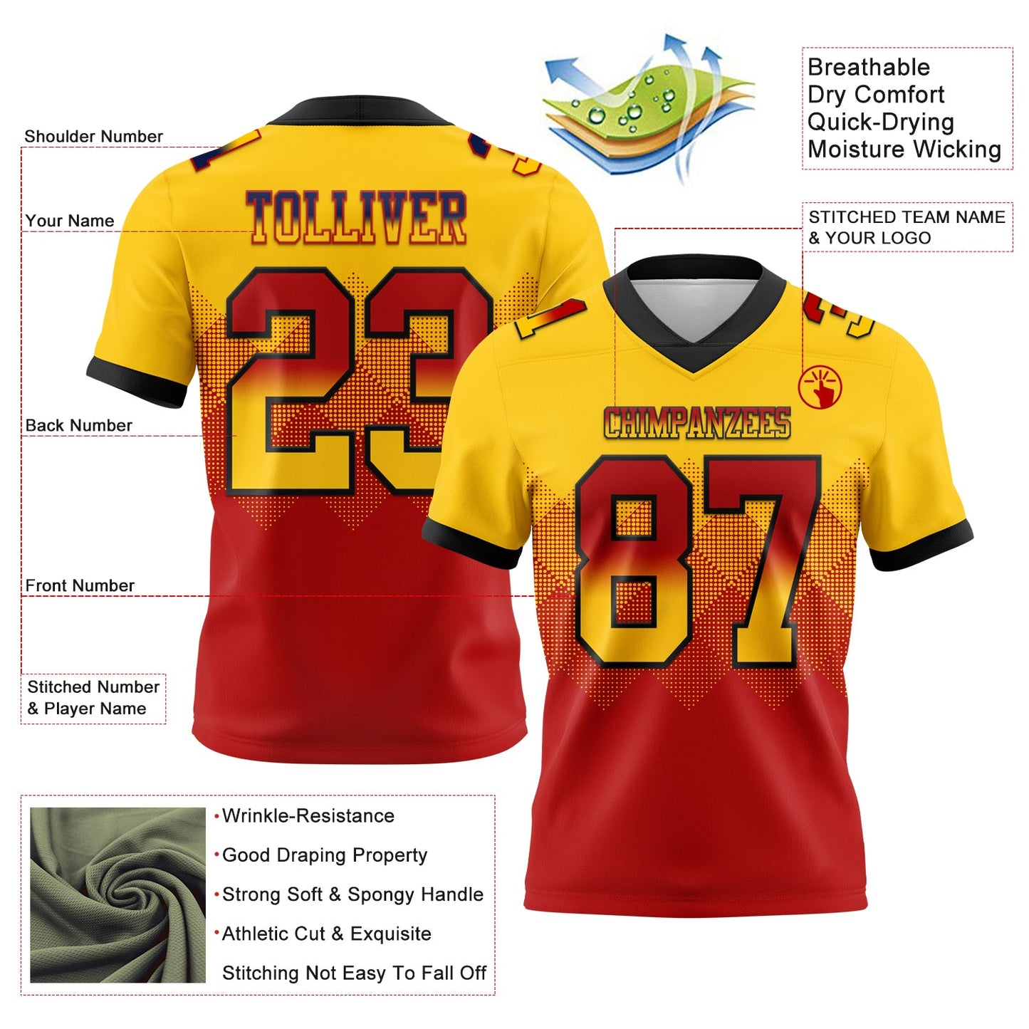 Custom Yellow Red-Black Authentic Gradient Square Shape 7V7 Flag Football Jersey view 2