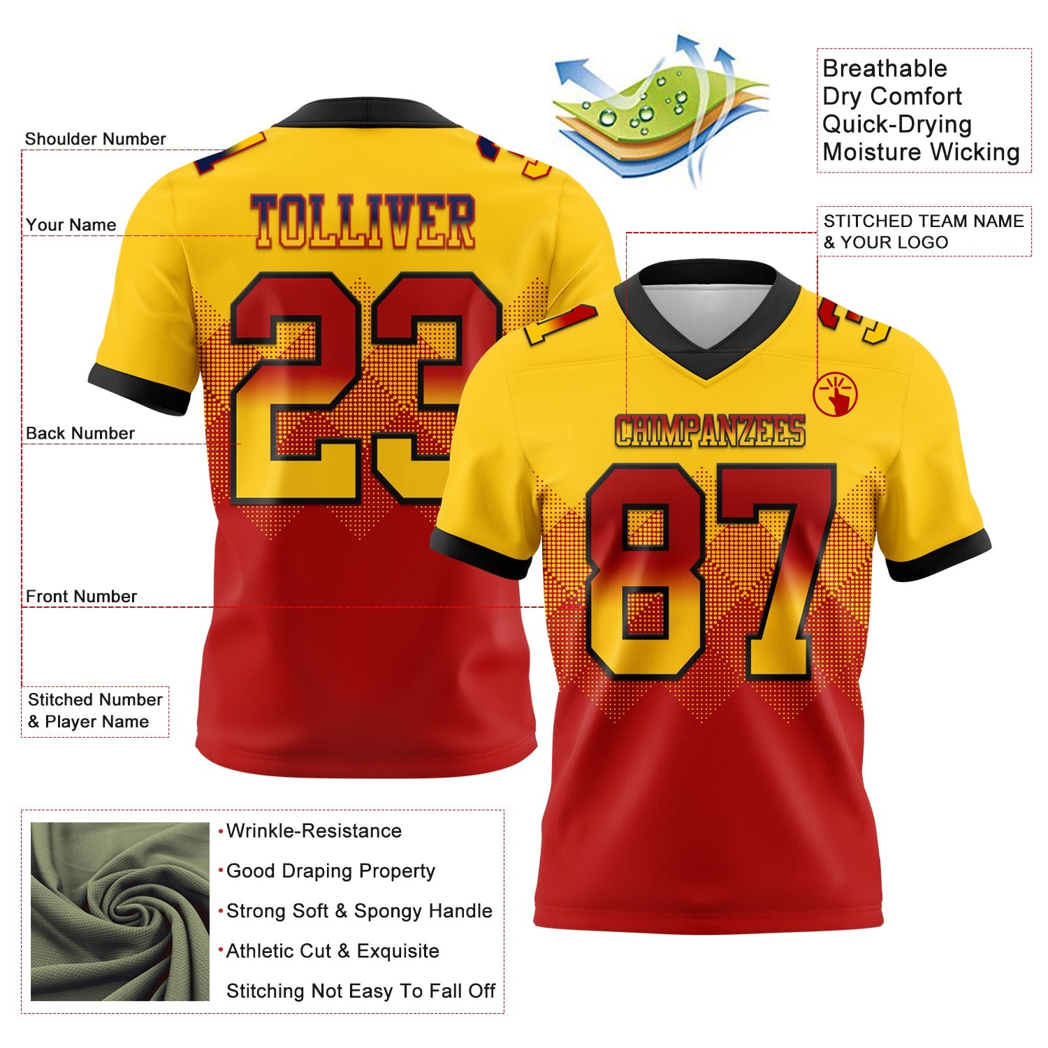 Custom Yellow Red-Black Authentic Gradient Square Shape 7V7 Flag Football Jersey view 2