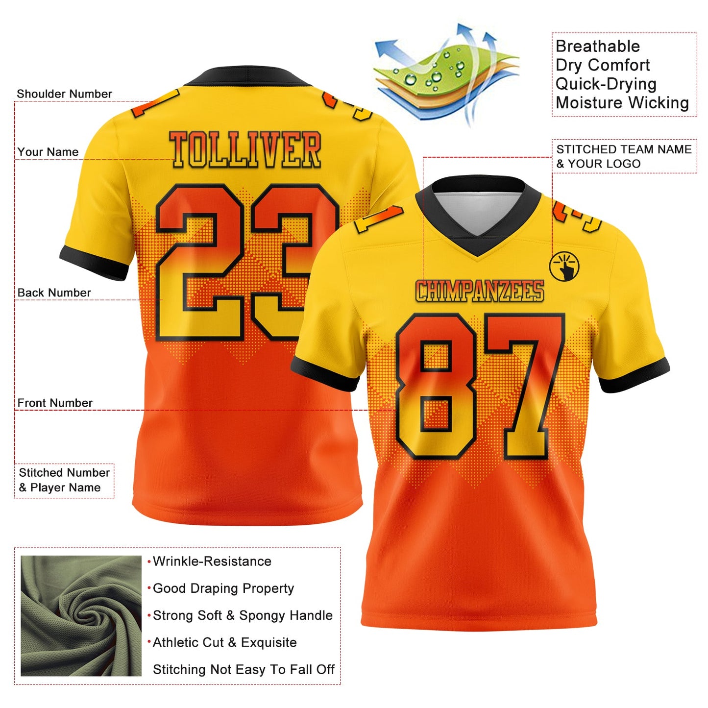 Custom Yellow Orange-Black Authentic Gradient Square Shape 7V7 Flag Football Jersey view 2